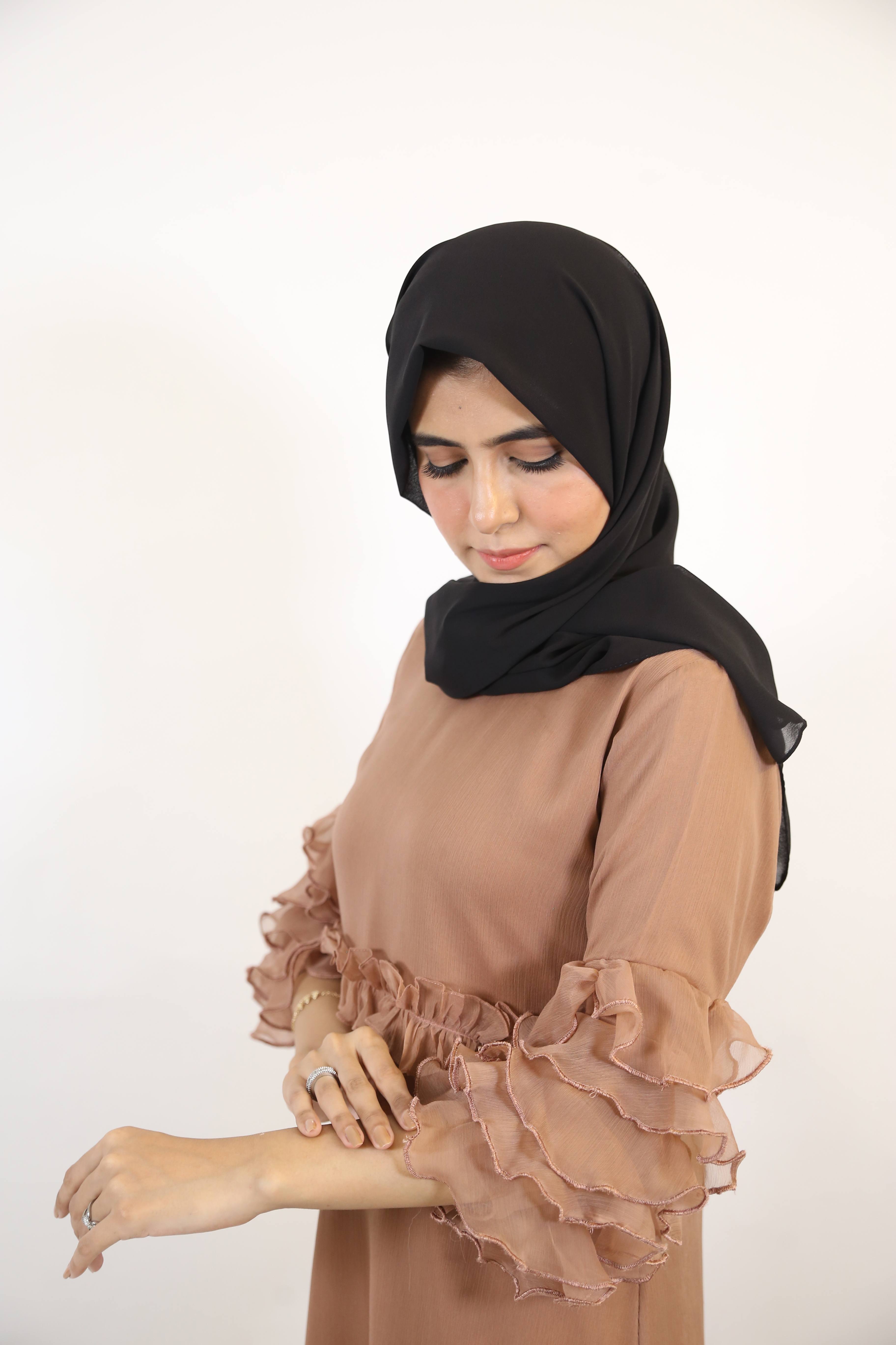Raml- Chic Chiffon lined maxi dress with tiered sleeves and ruched waist detailing-Camel Beige