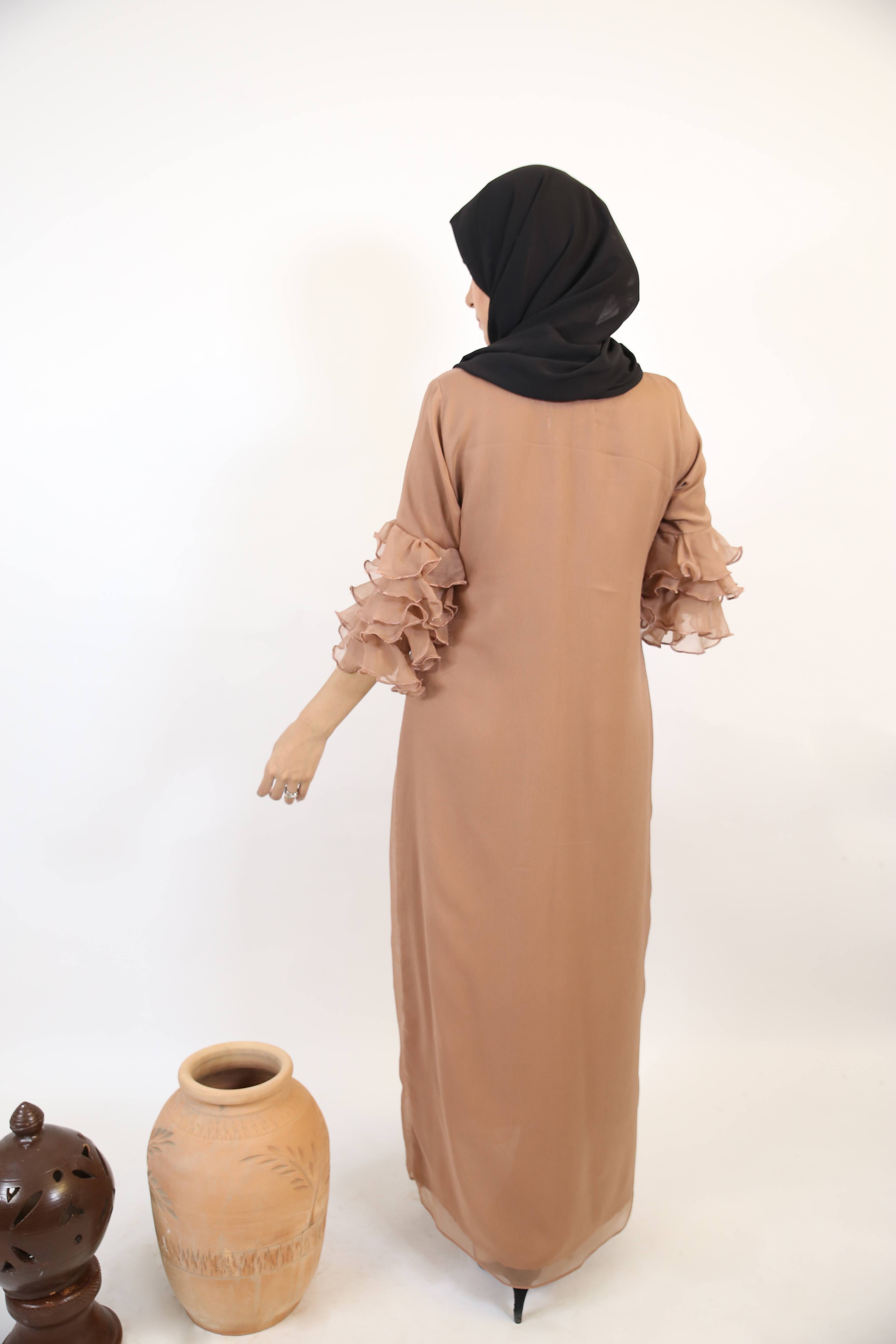 Raml- Chic Chiffon lined maxi dress with tiered sleeves and ruched waist detailing-Camel Beige