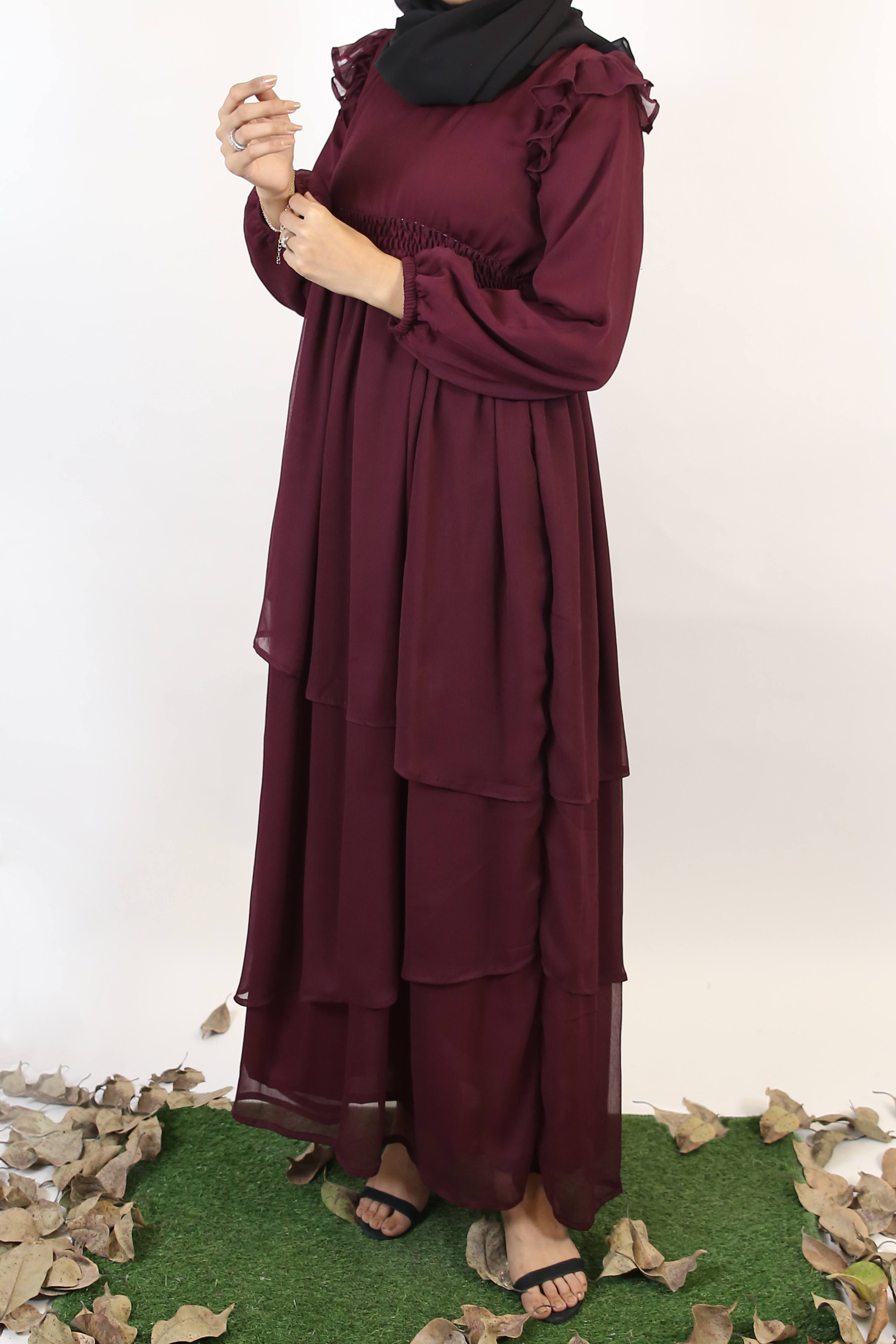 Zeenah- Timeless Chiffon lined frill trim layered hem dress with lantern sleeves- Burgundy Red