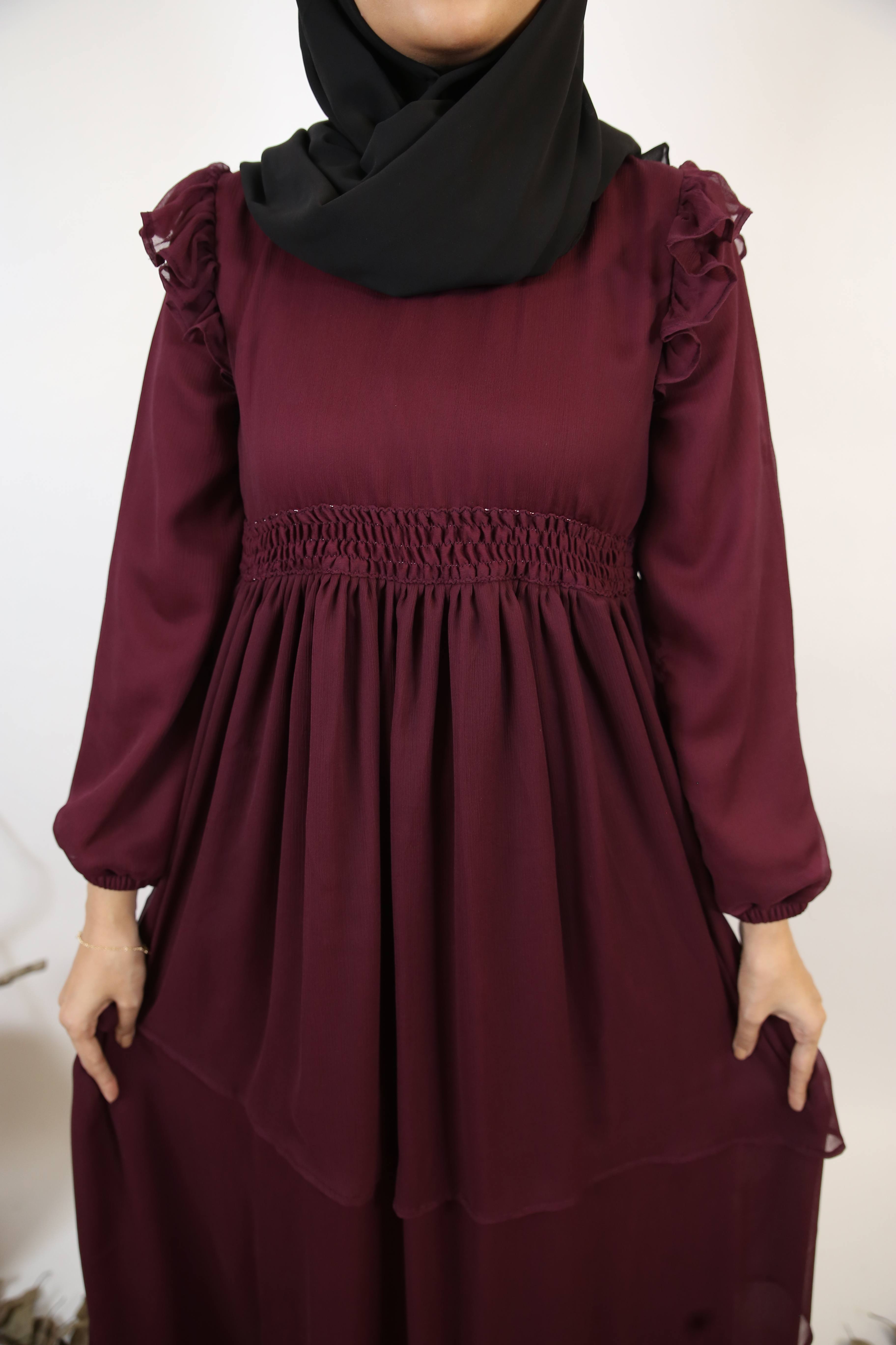 Zeenah- Timeless Chiffon lined frill trim layered hem dress with lantern sleeves- Burgundy Red