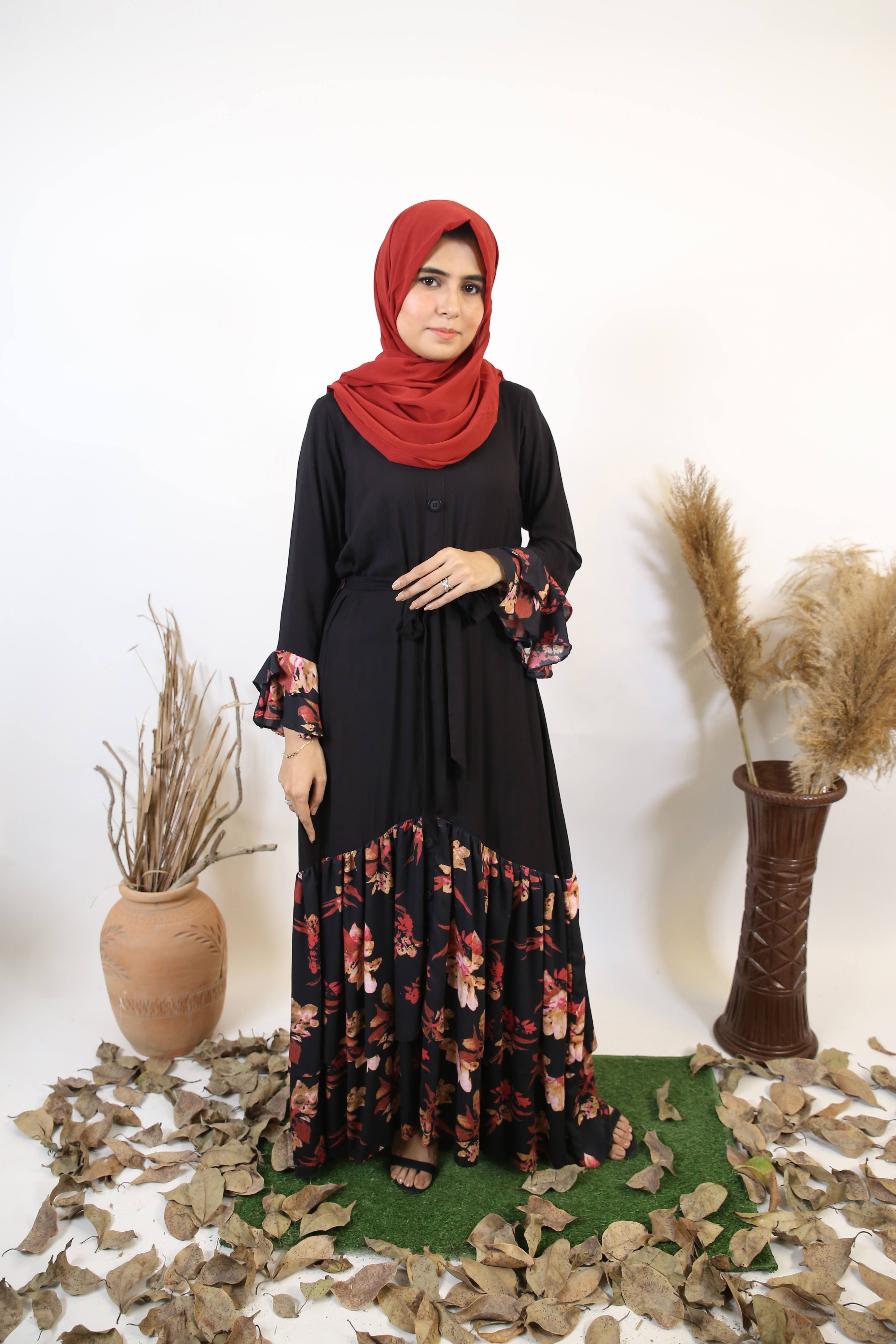 Nawar- Exquisite Linen Maxi Dress in black with blossom hemline and tiered sleeves