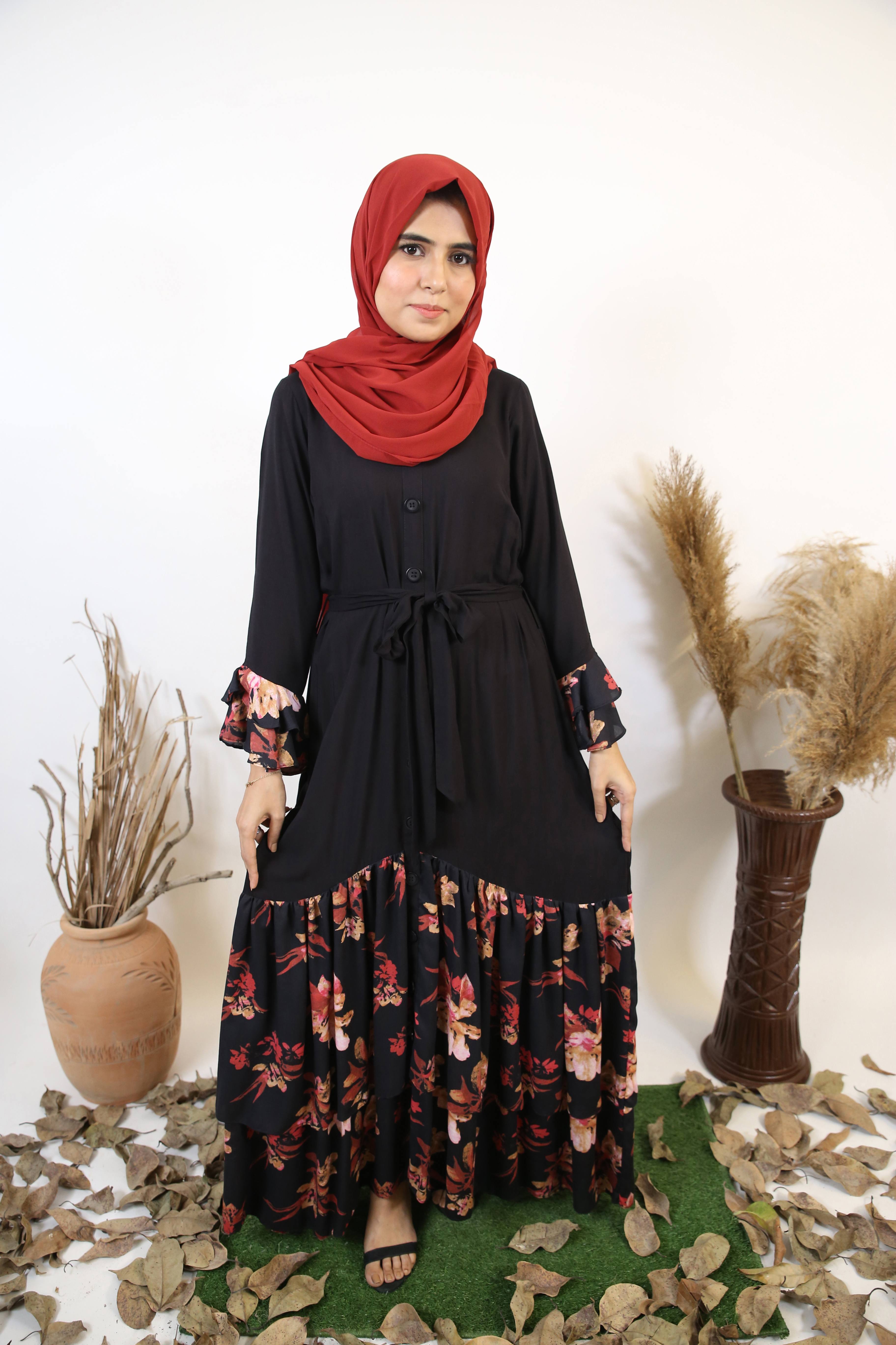 Nawar- Exquisite Linen Maxi Dress in black with blossom hemline and tiered sleeves