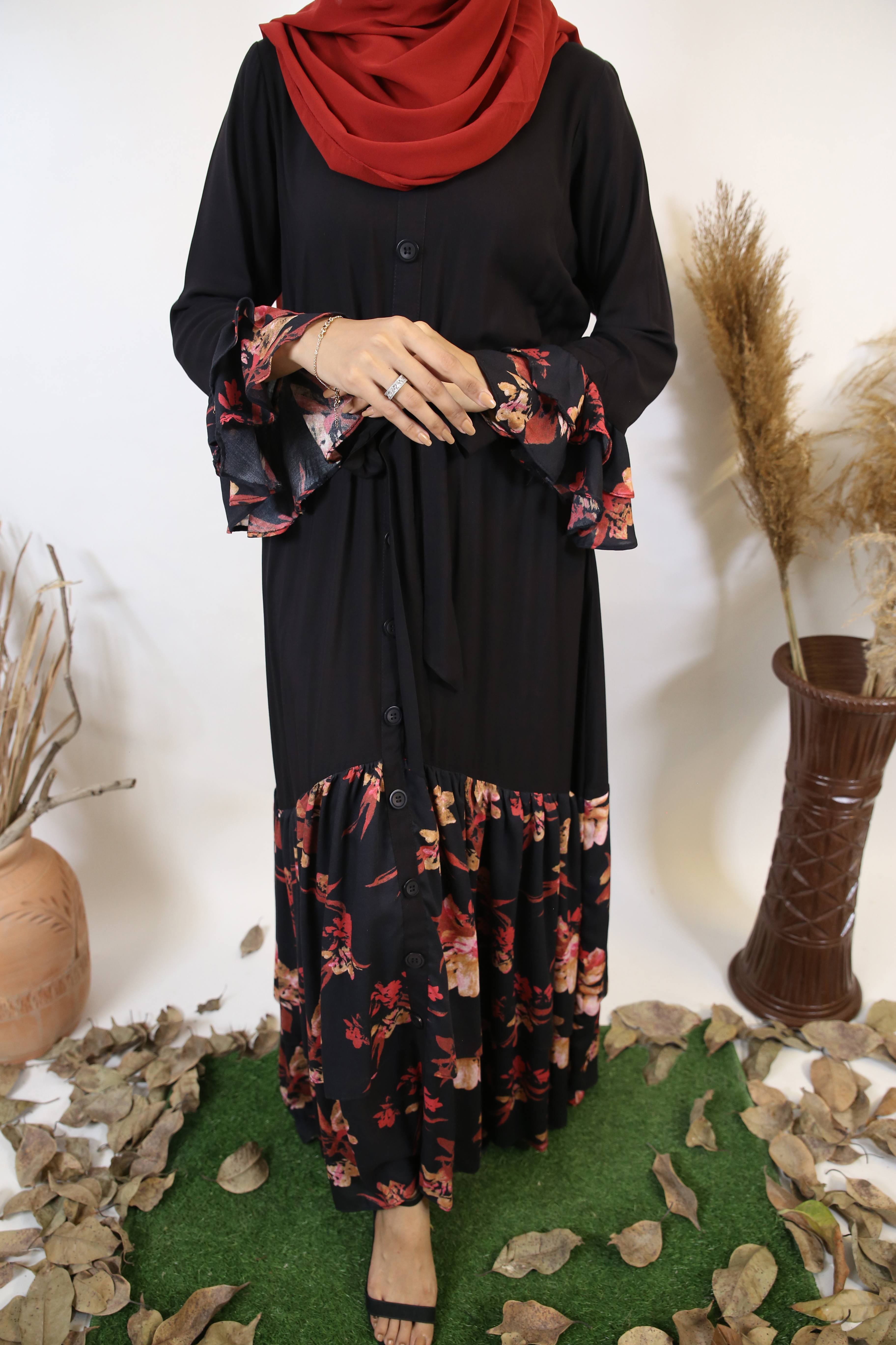 Nawar- Exquisite Linen Maxi Dress in black with blossom hemline and tiered sleeves