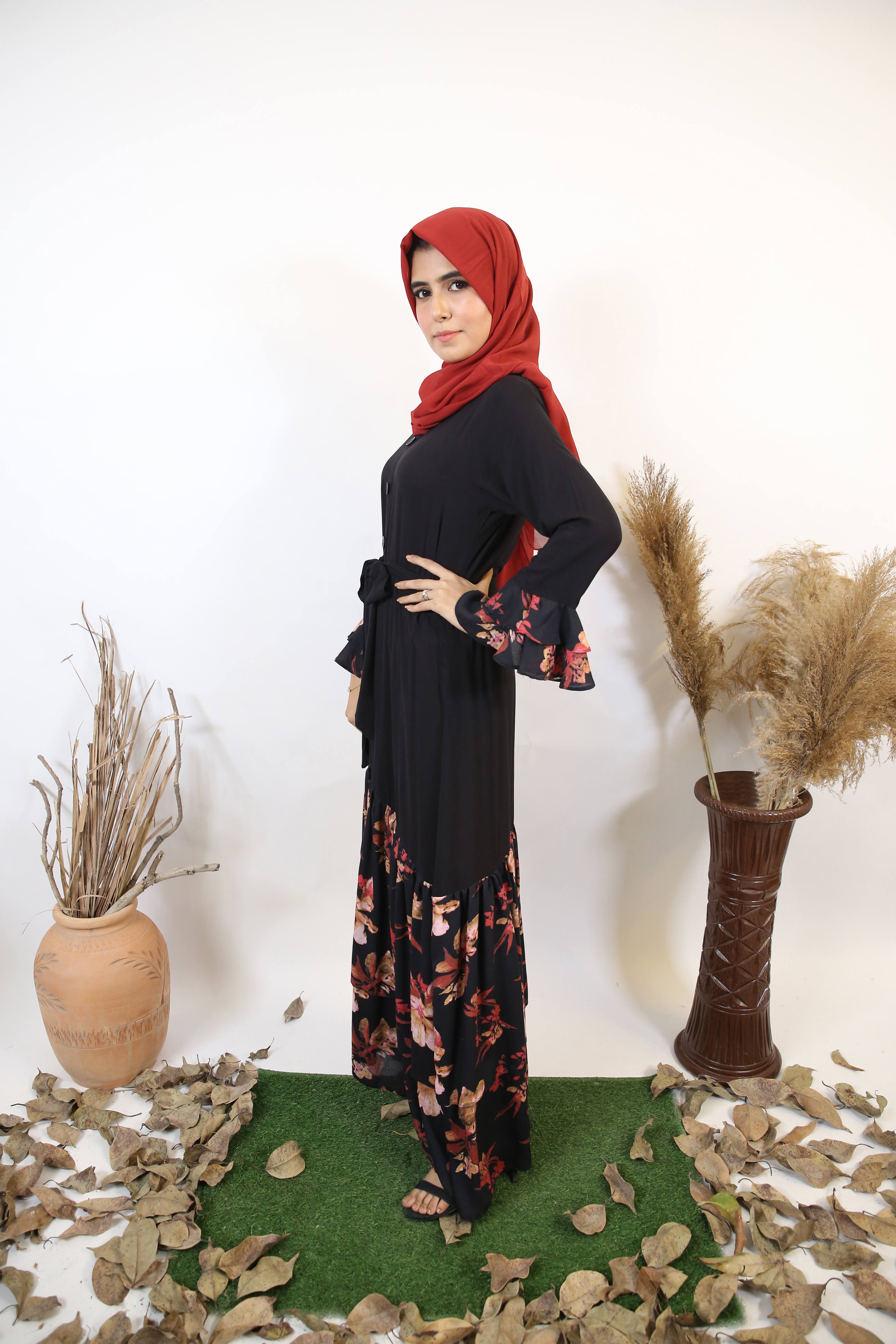 Nawar- Exquisite Linen Maxi Dress in black with blossom hemline and tiered sleeves