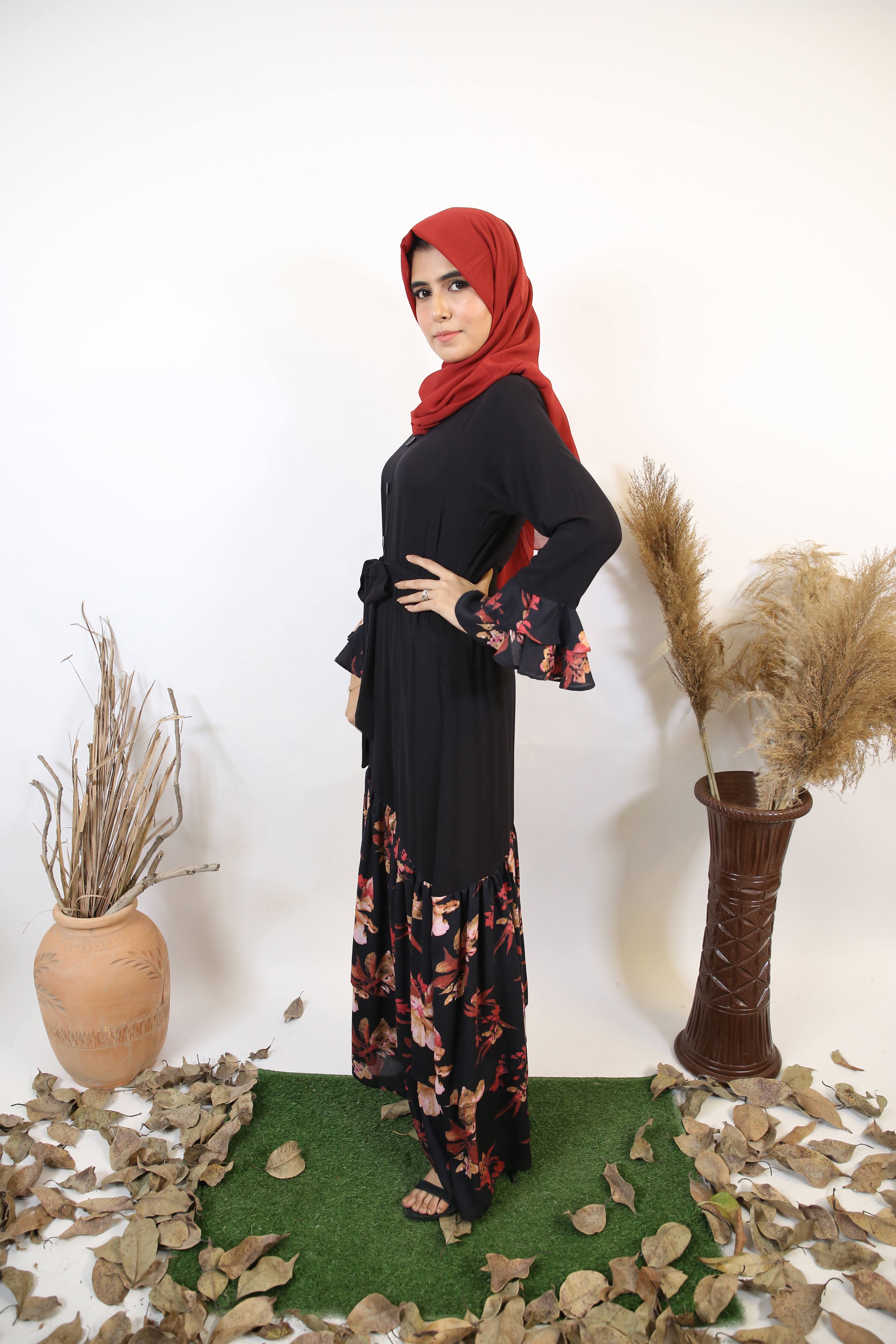 Mommy & Me ✨ Nawar- Exquisite Linen Maxi Dress in black with blossom hemline and tiered sleeves