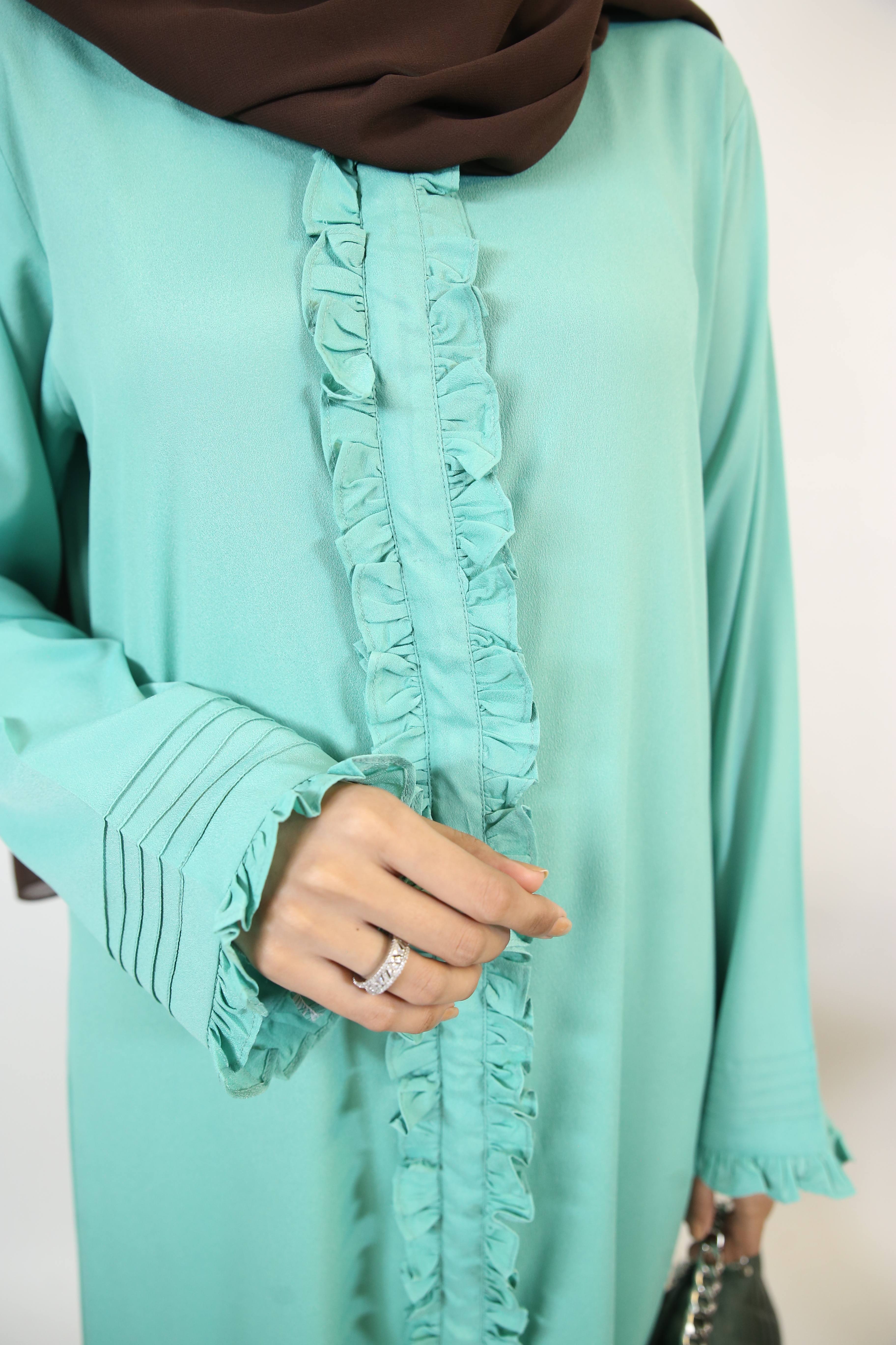 Naseem- Ethereal Maxi abaya with pleated sleeves and full length Ruffled-Mint Green