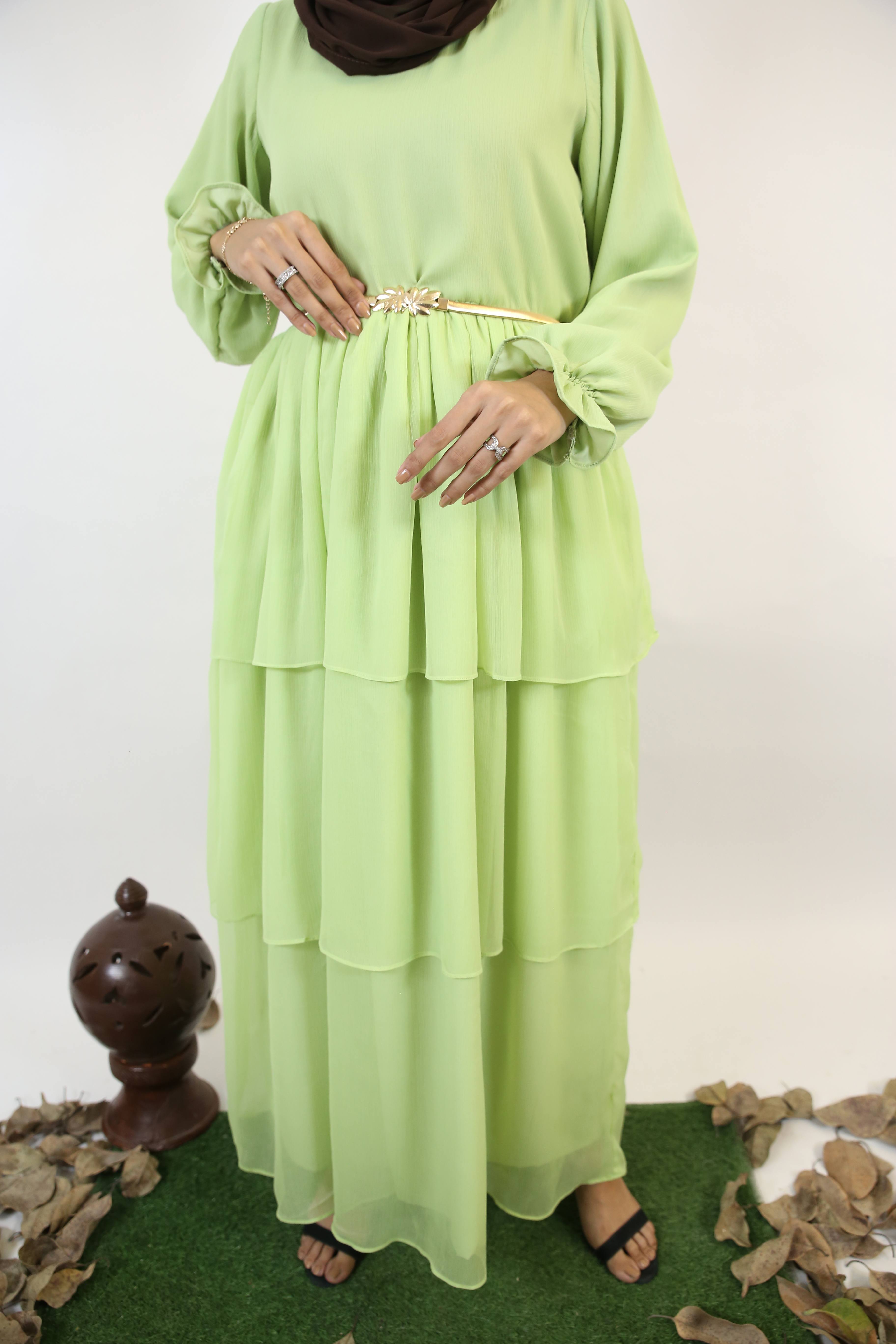 Musha- Classy Chiffon lined multi tiered maxi dress with belt embellishment-Lime Green