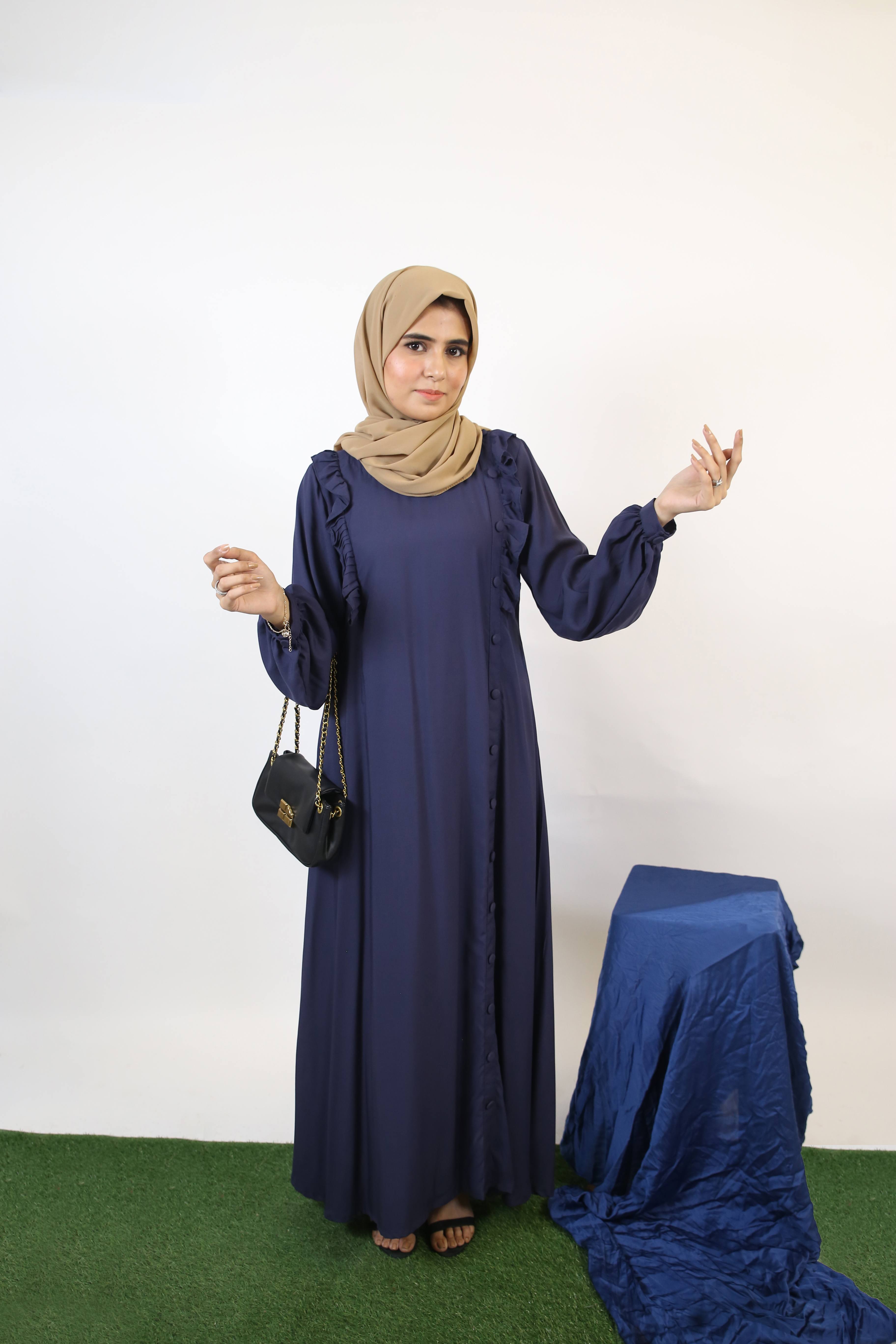 Aqiq- Stylish Linen modest Maxi dress with ruffles and buttoned down detailing- Midnight Blue