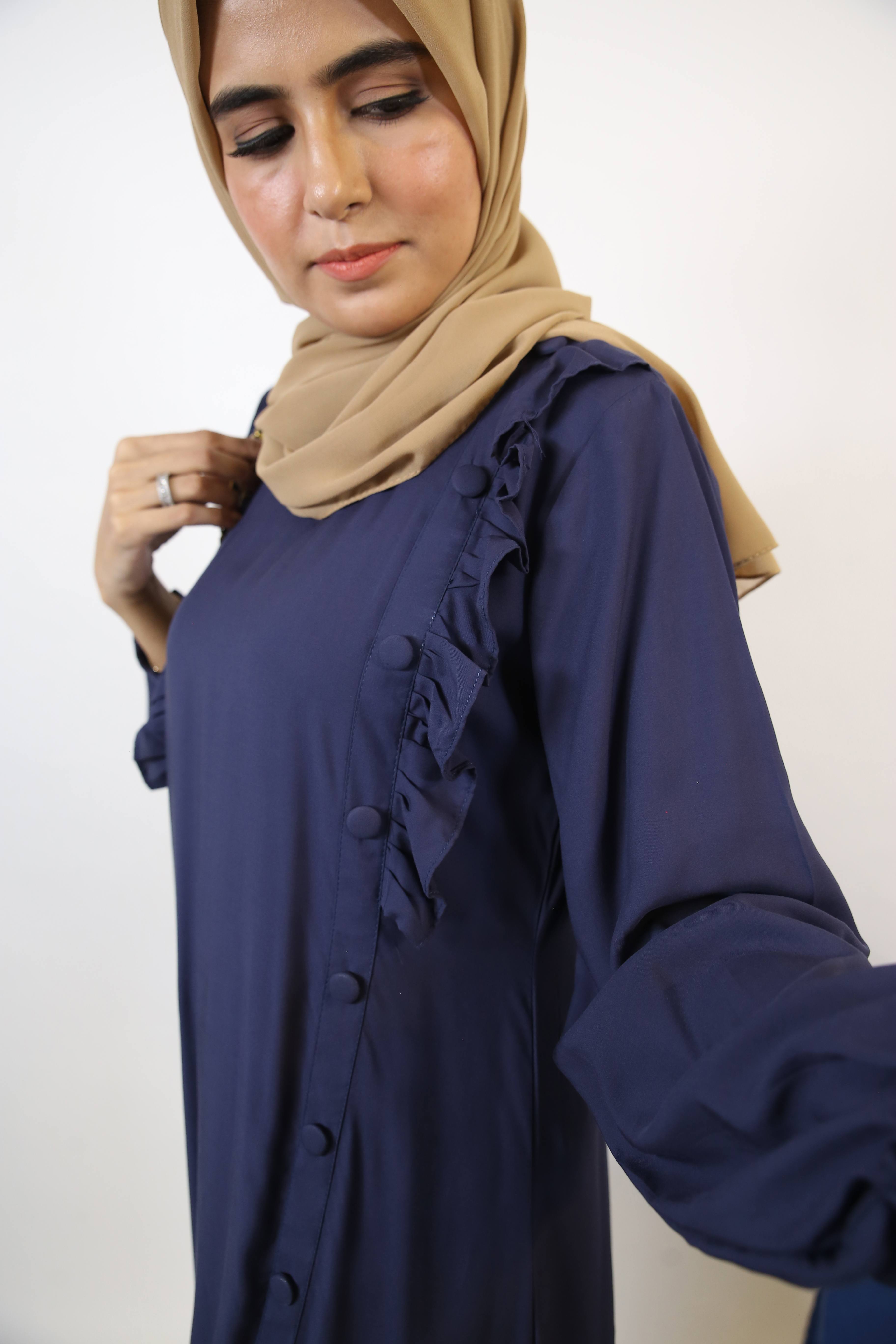 Mommy & Me ✨ Aqiq- Stylish Linen modest Maxi dress with ruffles and buttoned down detailing- Midnight Blue