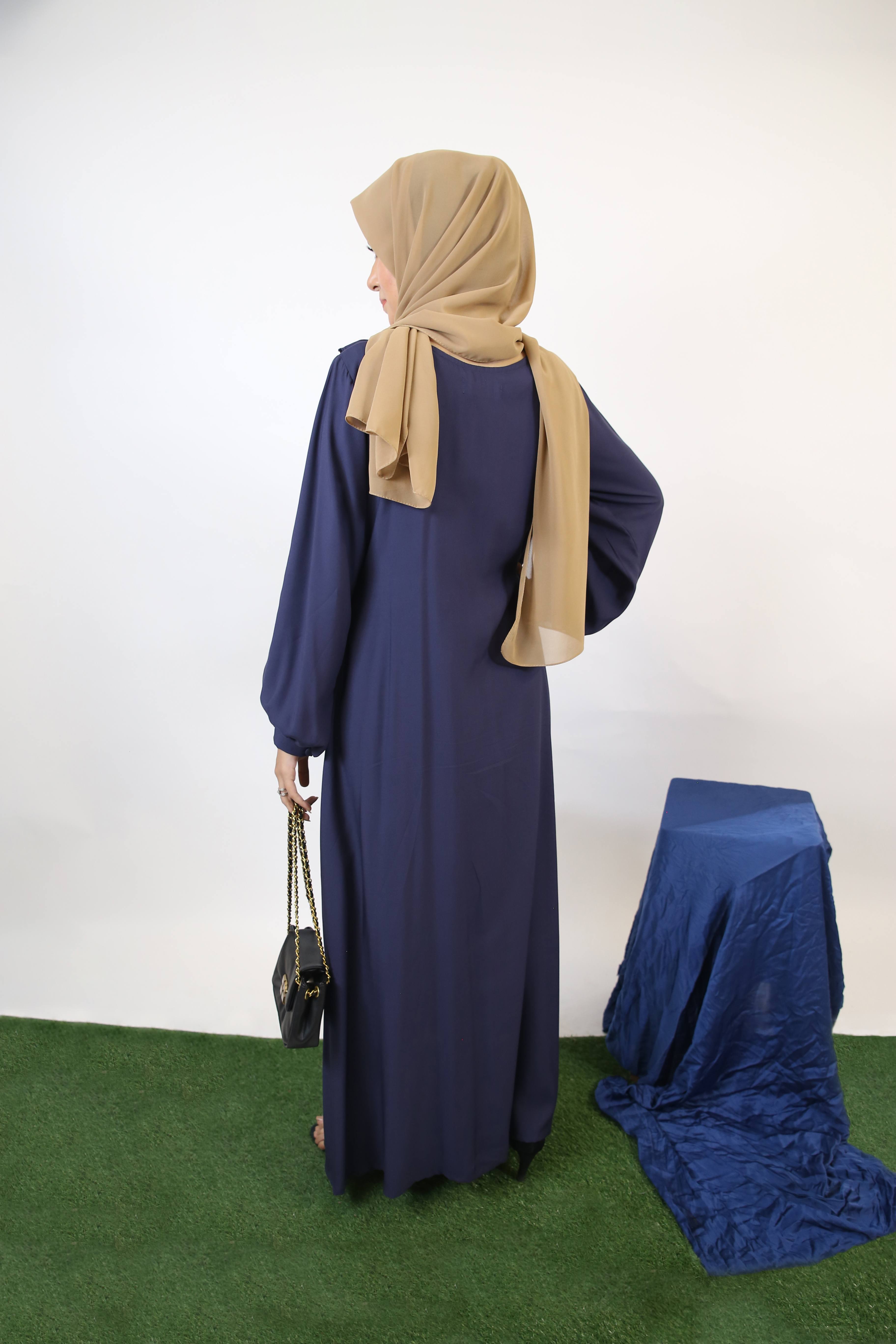 Aqiq- Stylish Linen modest Maxi dress with ruffles and buttoned down detailing- Midnight Blue
