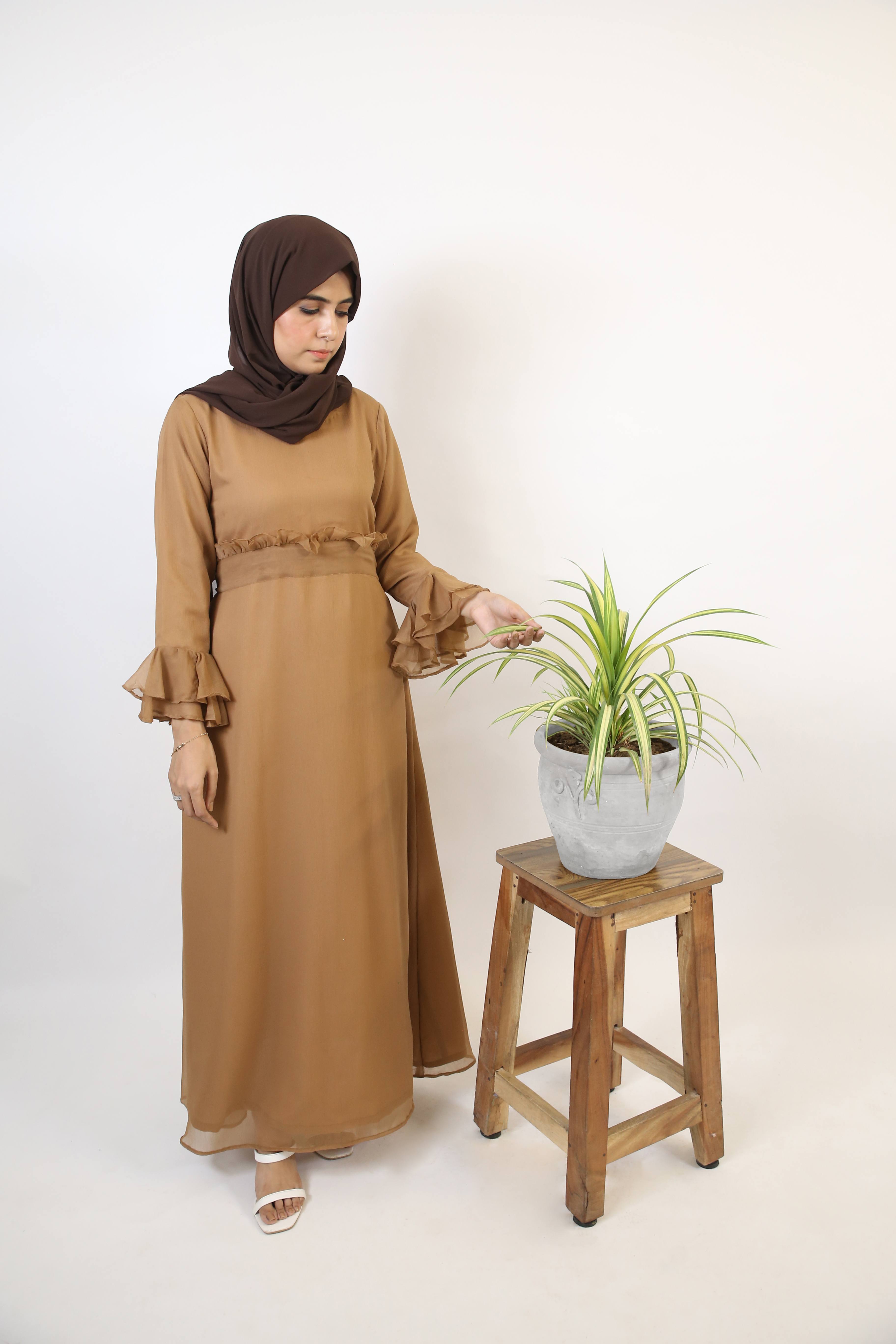 Mommy & Me ✨ Khaki-Graceful Chiffon lined tiered sleeves belted maxi dress- Taupe Brown