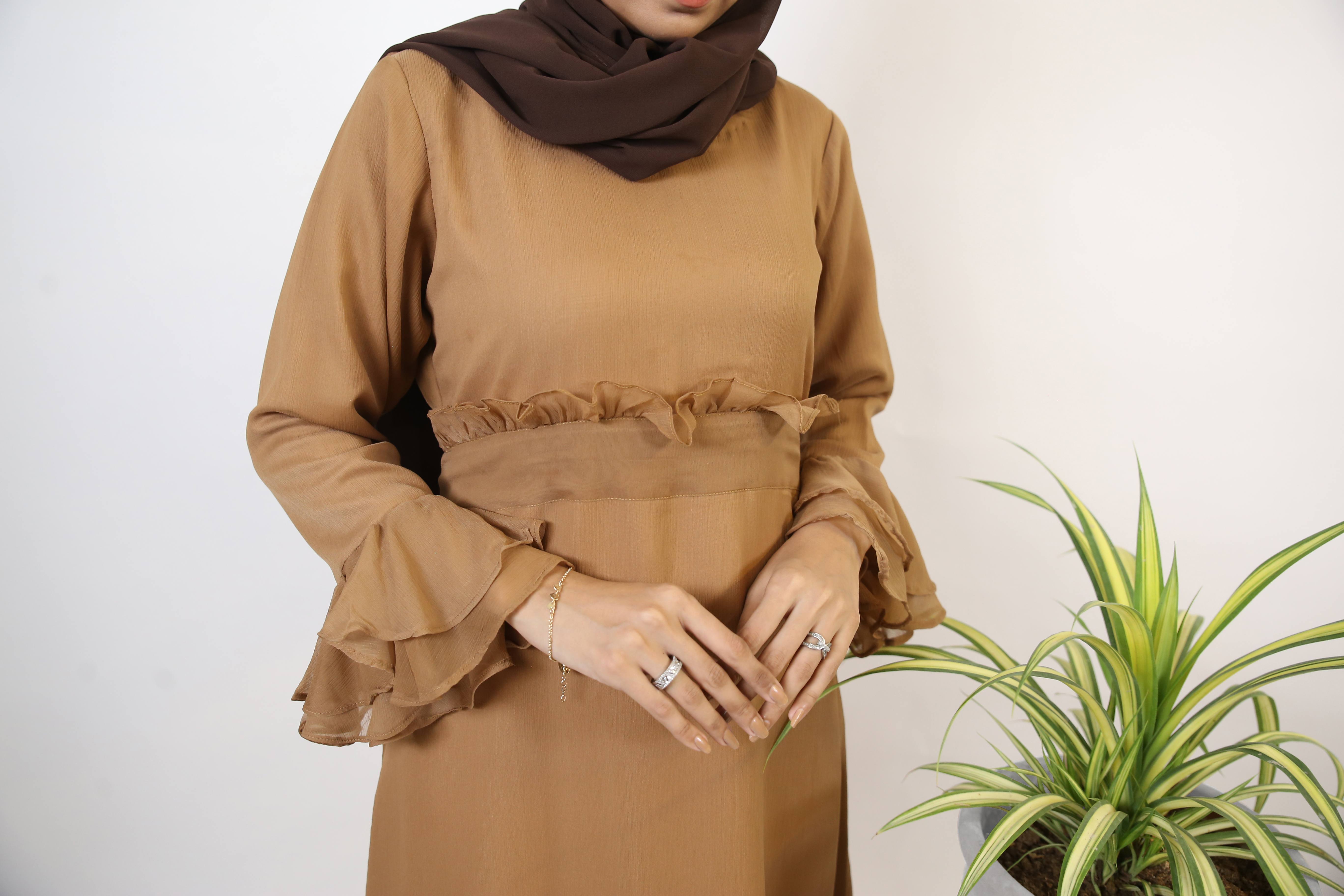 Khaki-Graceful Chiffon lined tiered sleeves belted maxi dress- Taupe Brown