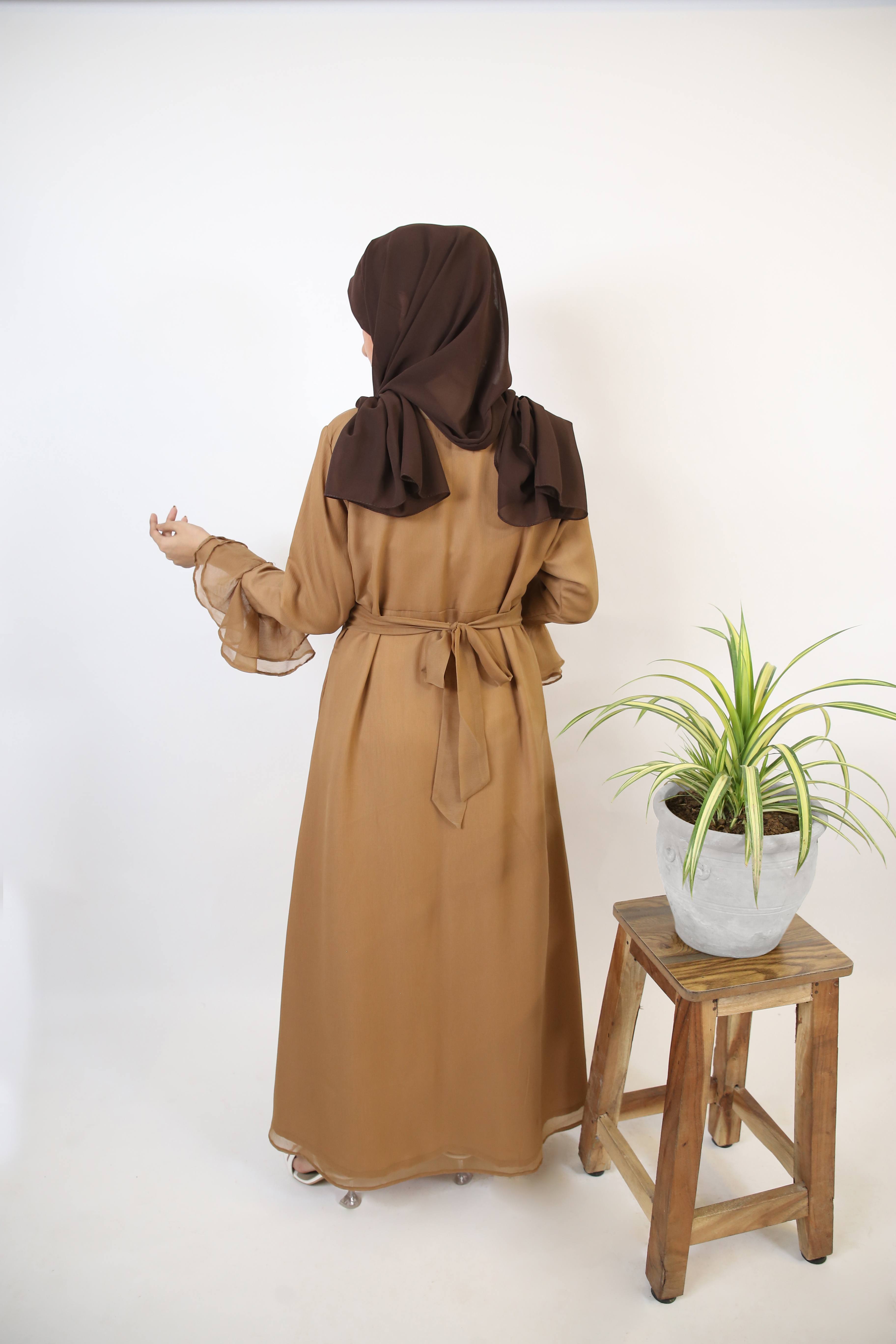 Khaki-Graceful Chiffon lined tiered sleeves belted maxi dress- Taupe Brown