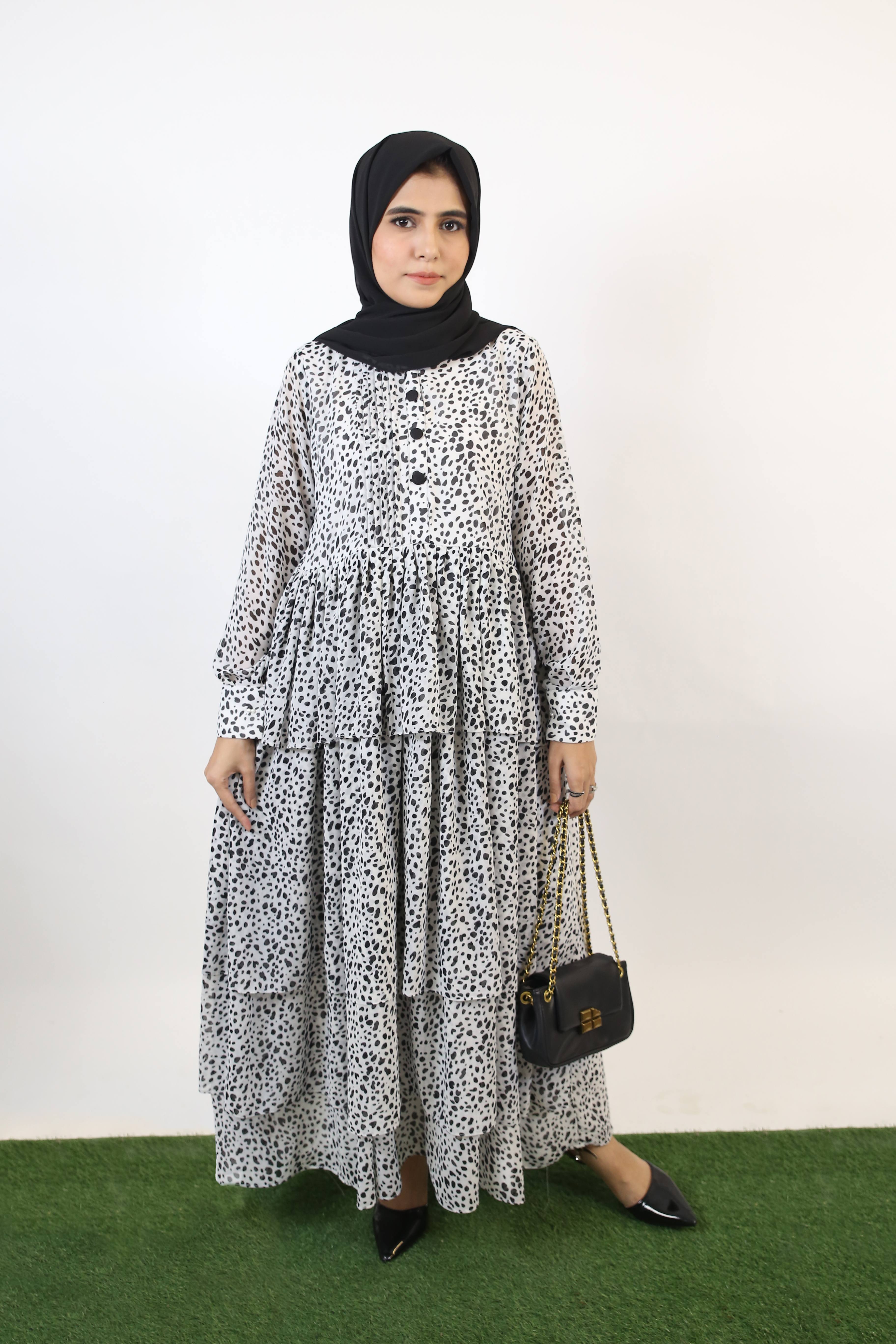 Fahd- Splendid Chiffon lined maxi dress with multi tiered ruffles and front pleats detailing- Cheetah Print