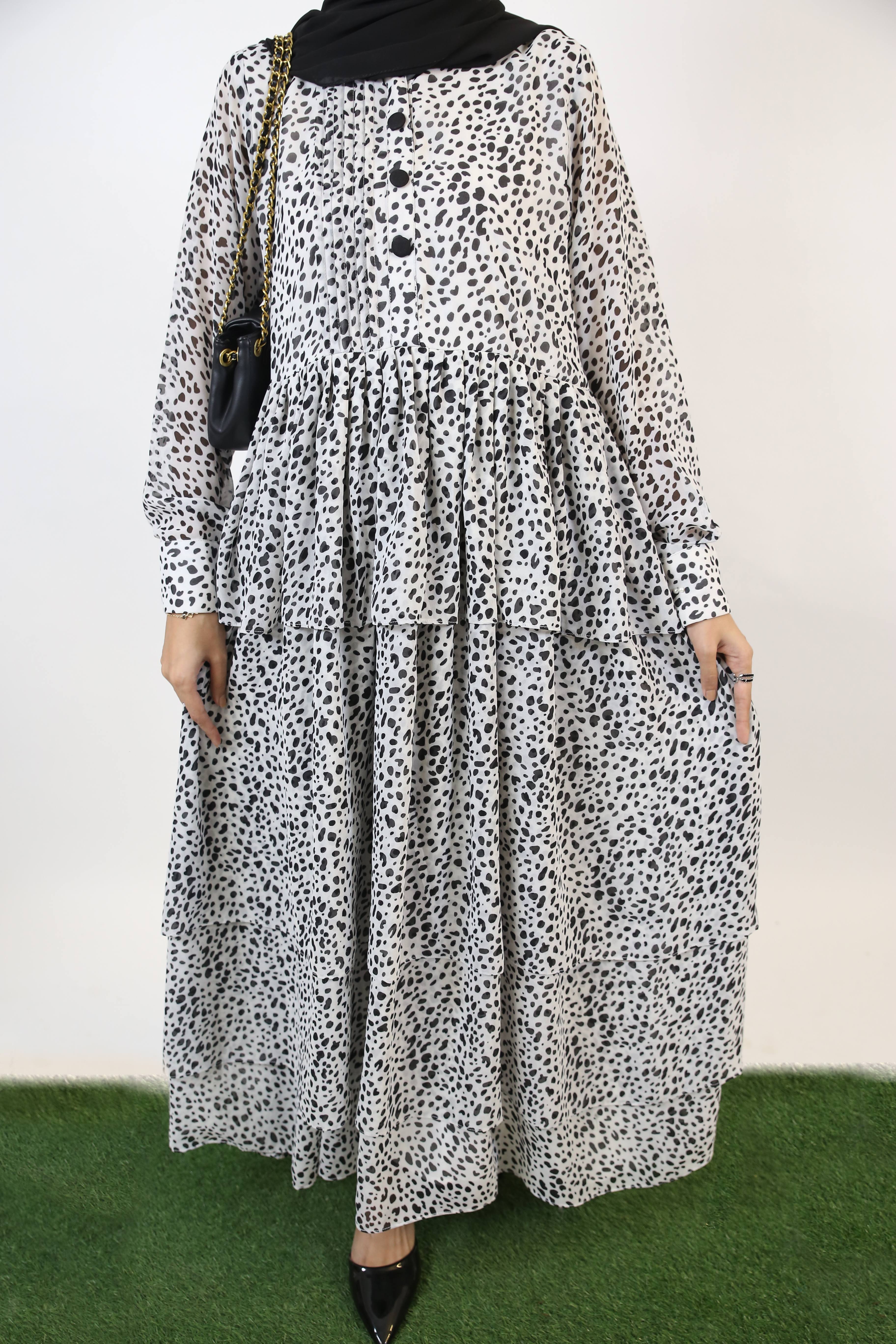 Fahd- Splendid Chiffon lined maxi dress with multi tiered ruffles and front pleats detailing- Cheetah Print