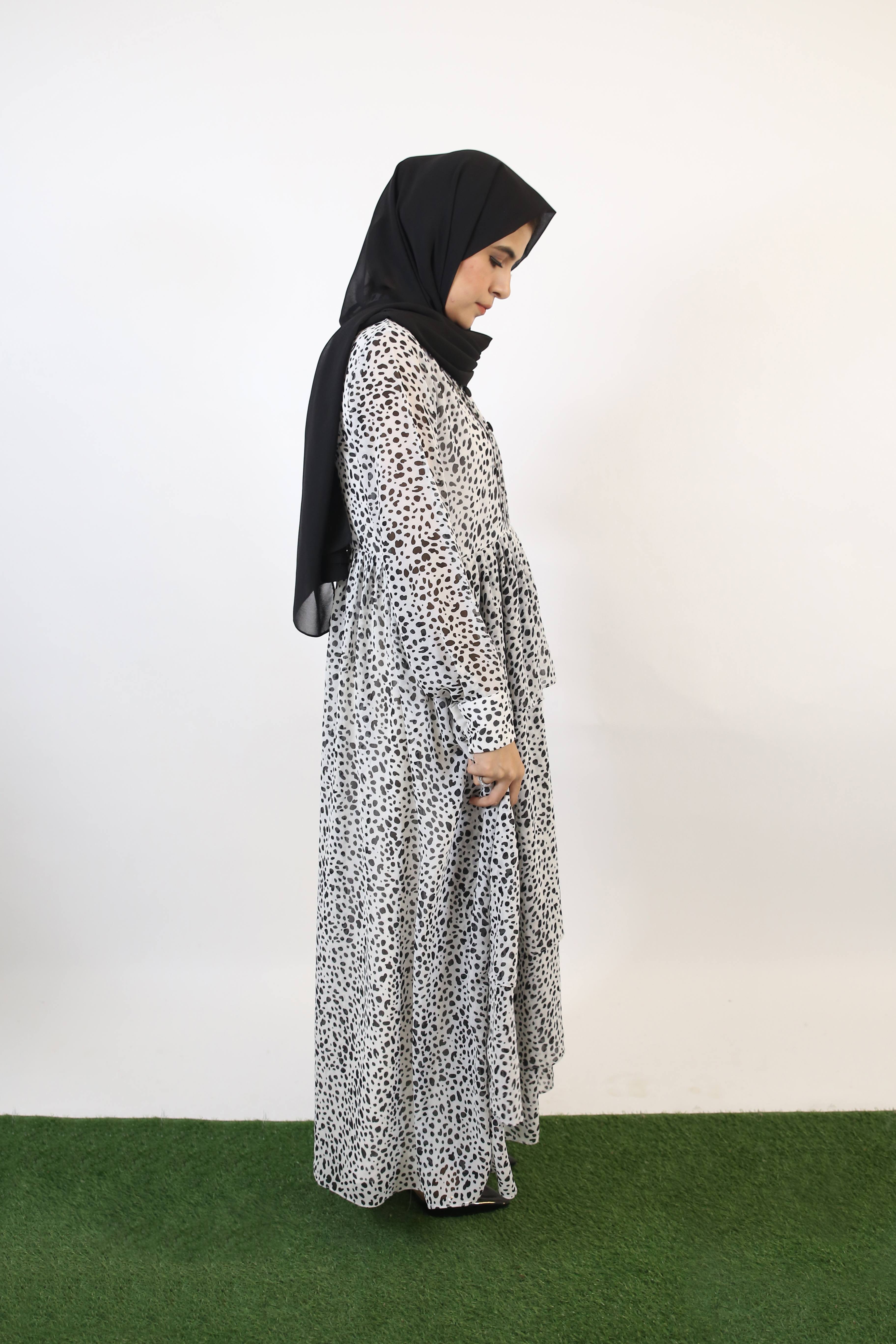 Fahd- Splendid Chiffon lined maxi dress with multi tiered ruffles and front pleats detailing- Cheetah Print