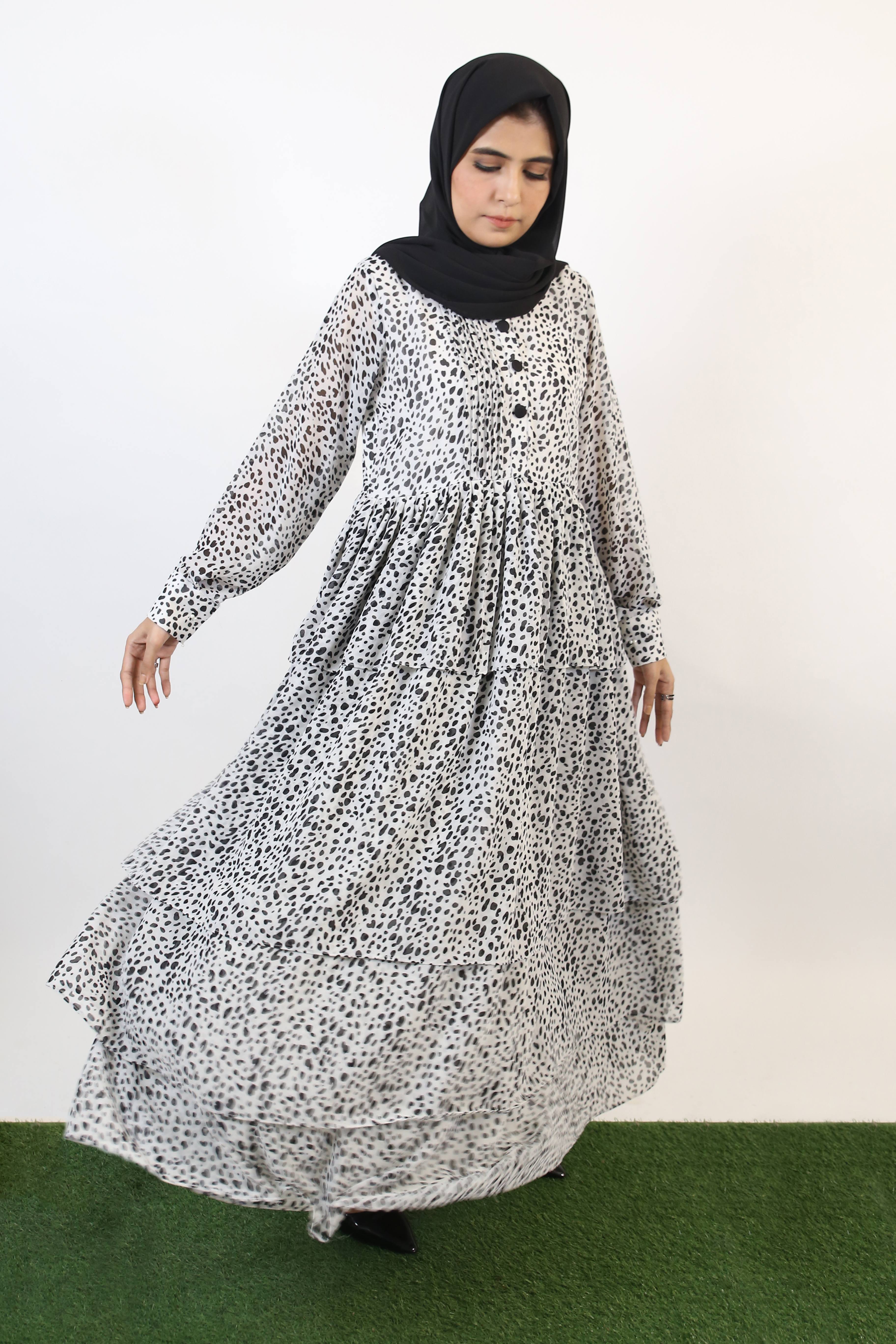 Fahd- Splendid Chiffon lined maxi dress with multi tiered ruffles and front pleats detailing- Cheetah Print