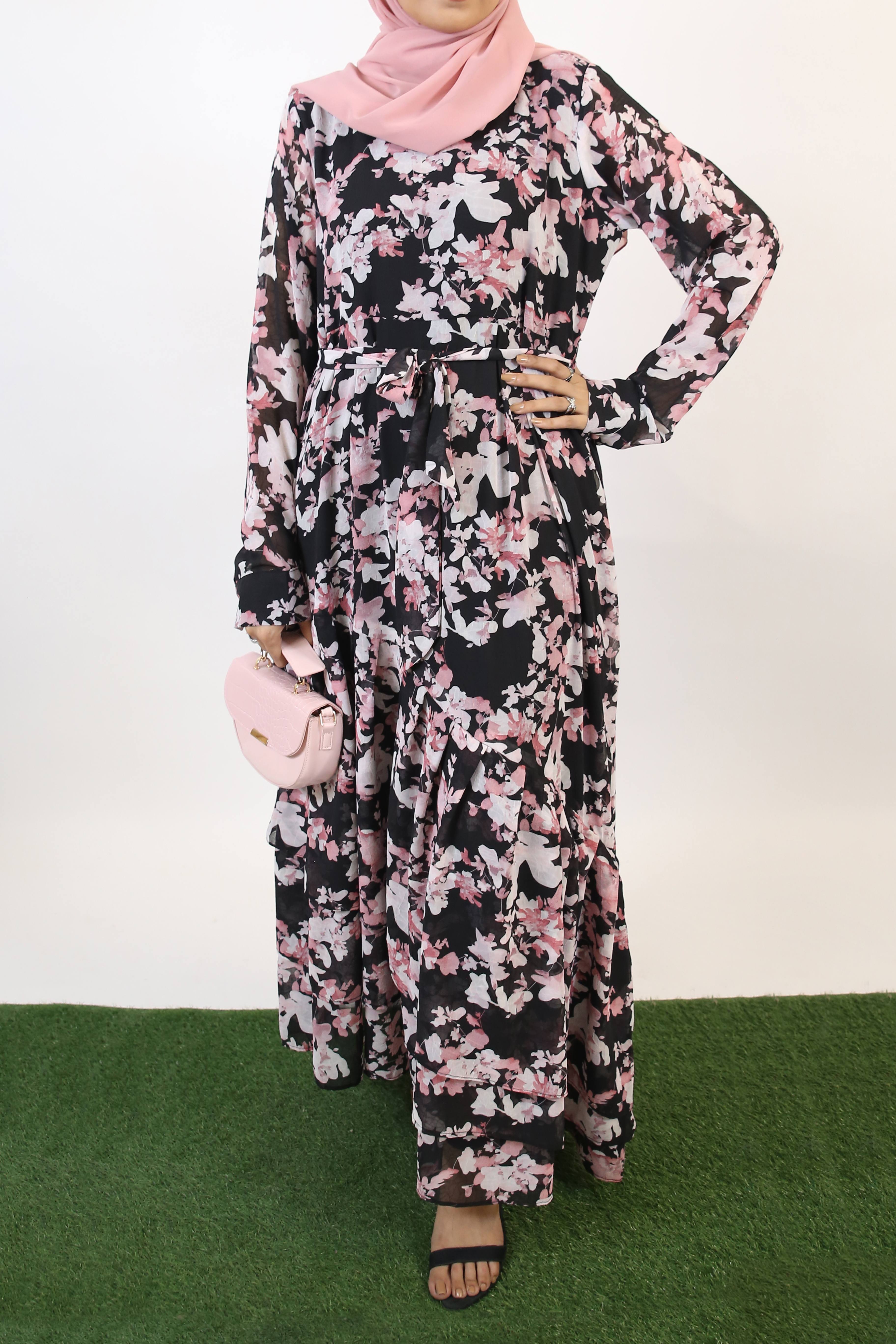 Zahri- Sublime floral Chiffon fully lined Maxi dress with diagonal cut hem and paired belt