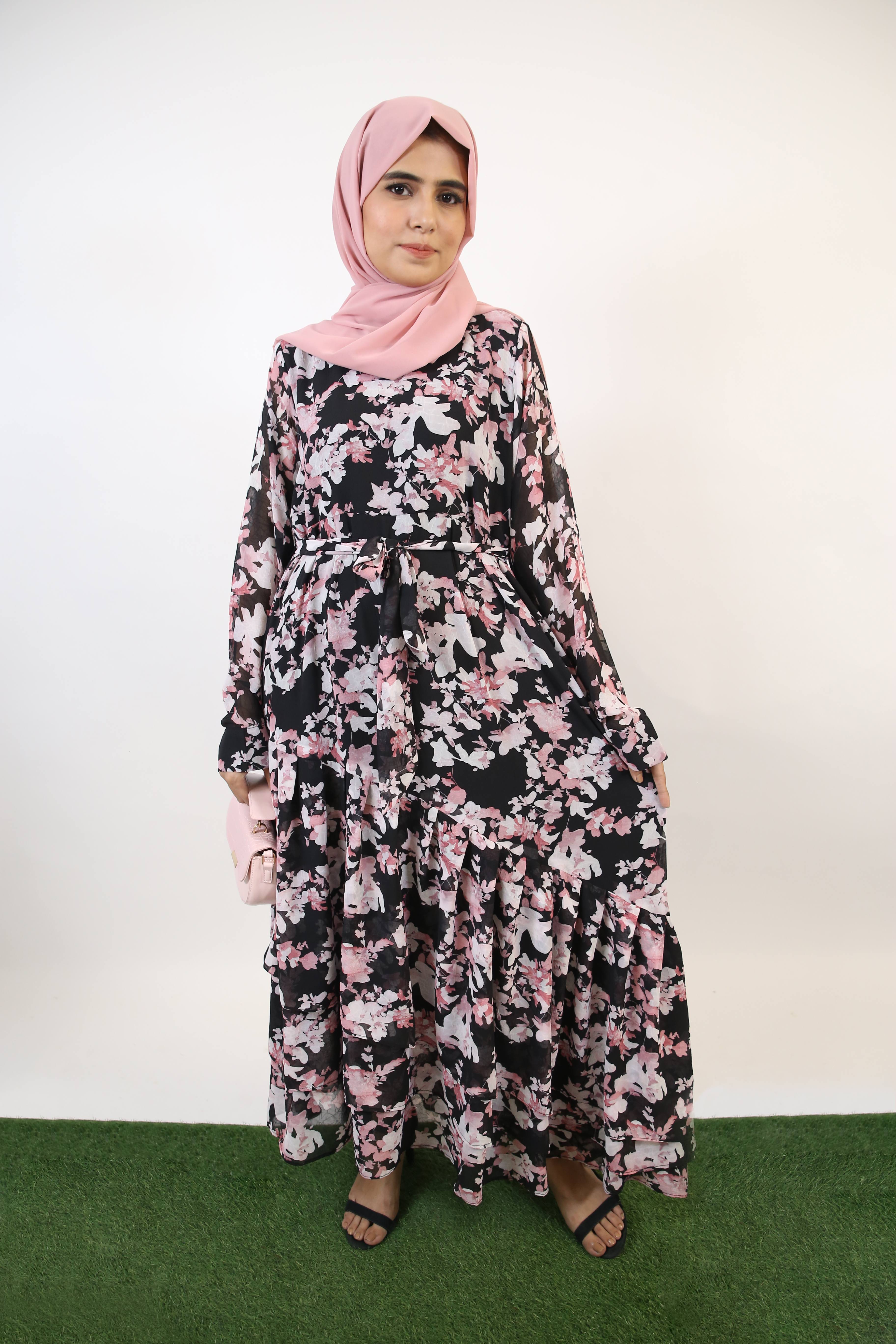 Zahri- Sublime floral Chiffon fully lined Maxi dress with diagonal cut hem and paired belt