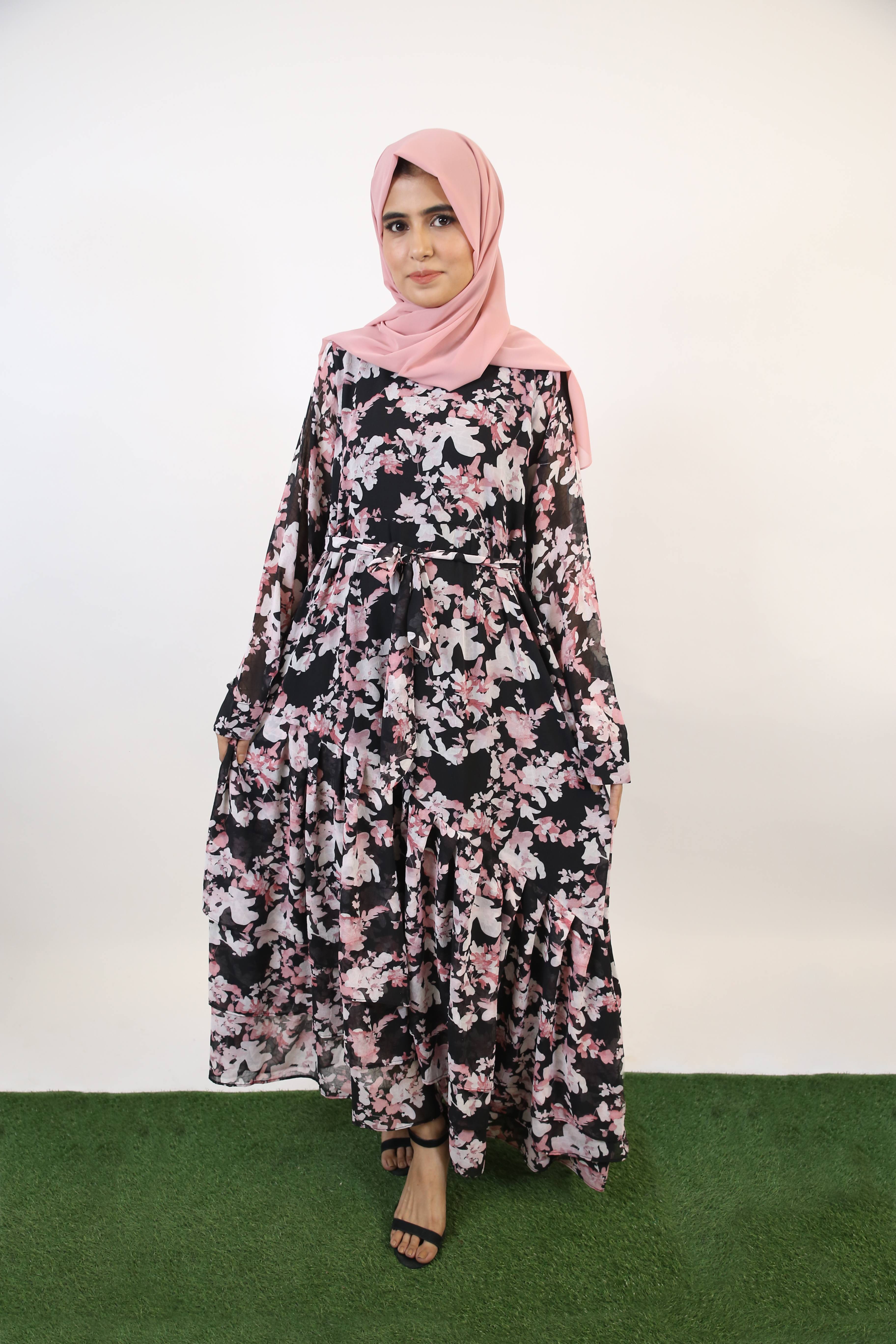 Zahri- Sublime floral Chiffon fully lined Maxi dress with diagonal cut hem and paired belt