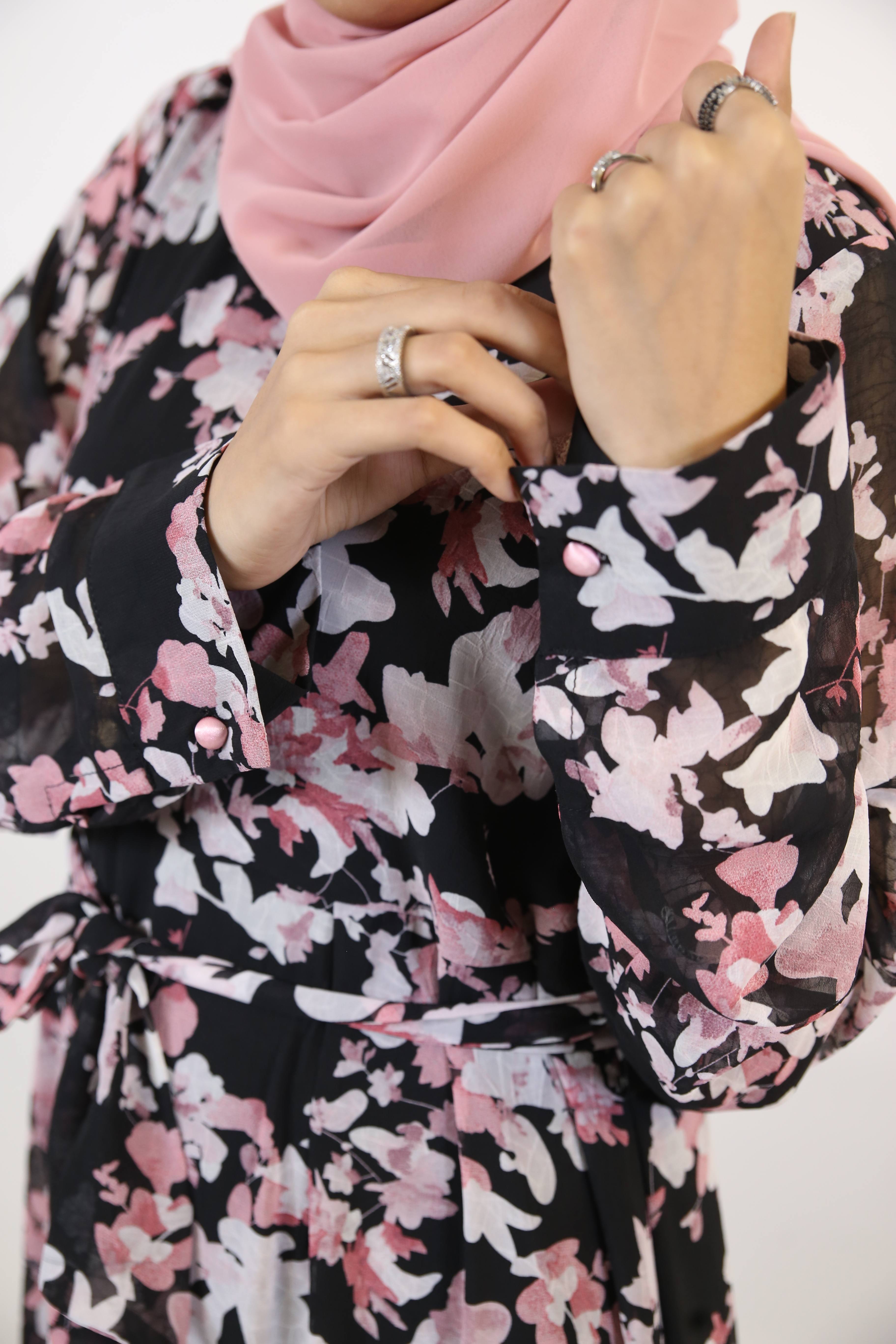 Zahri- Sublime floral Chiffon fully lined Maxi dress with diagonal cut hem and paired belt