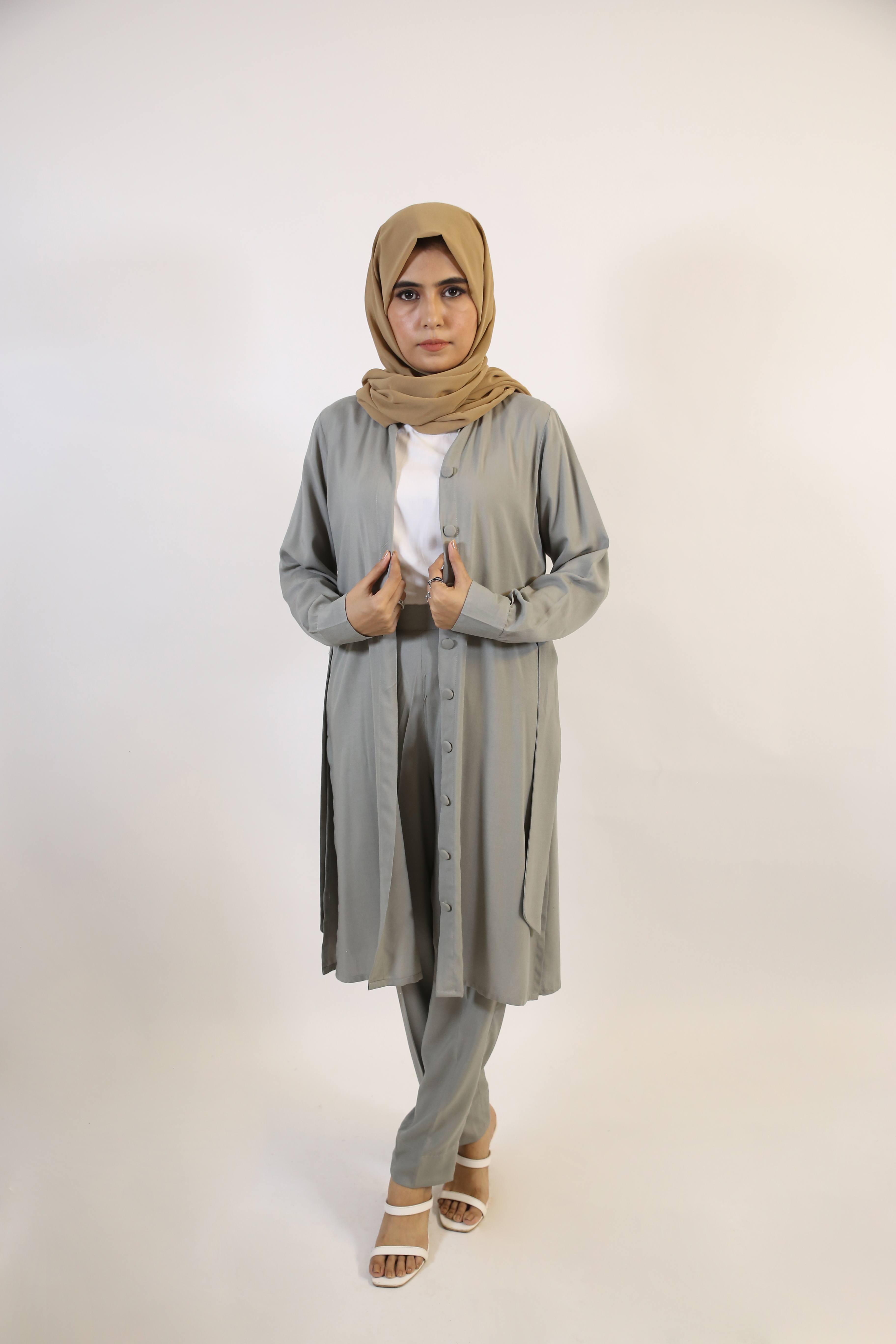 Fiddah- Serene Linen Two piece matching set with lined buttons and belt with high rise trousers- Mint gray