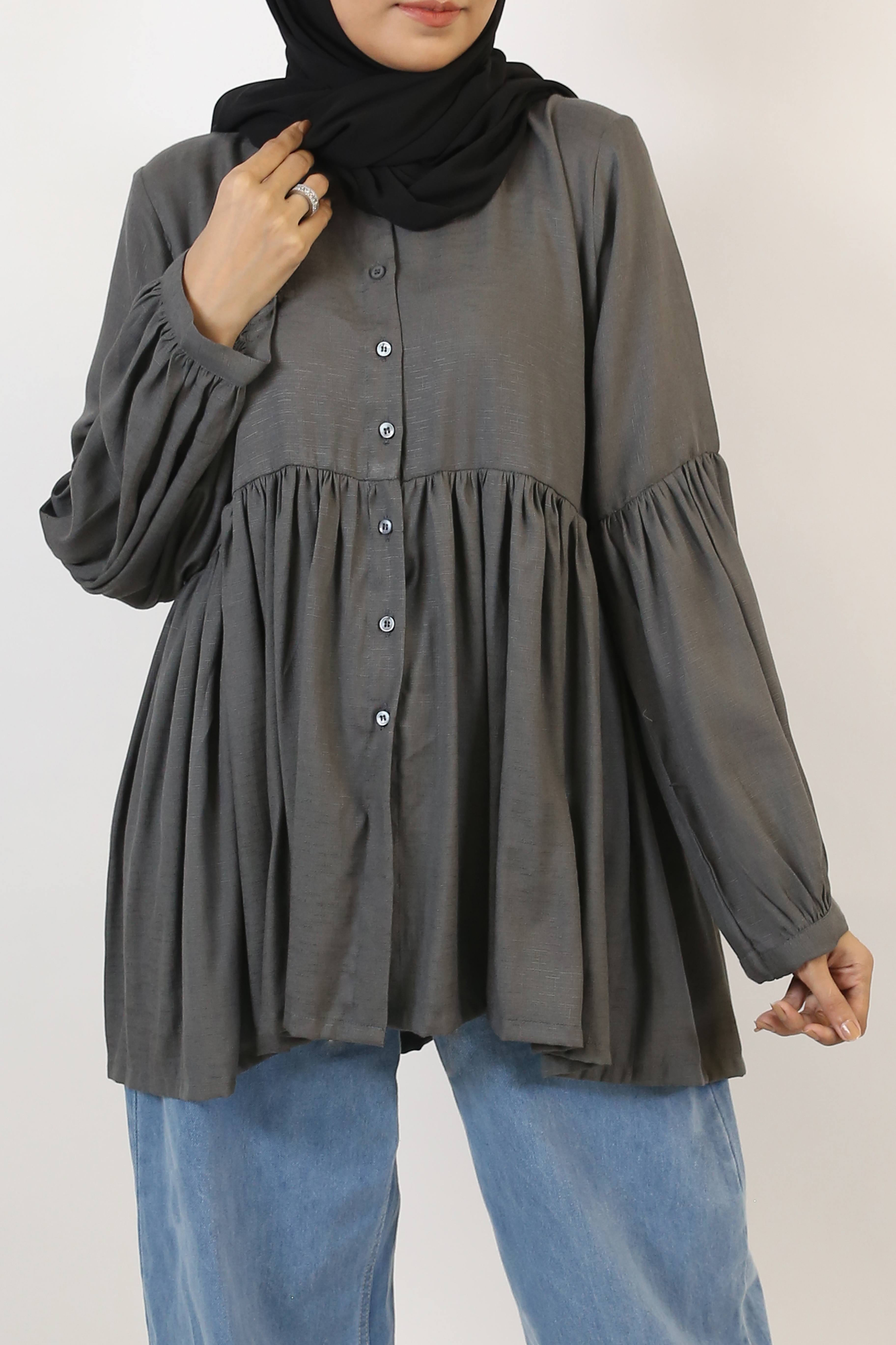 Ramadi- Dazzling Modest Pleated cotton shirt- Ash Gray