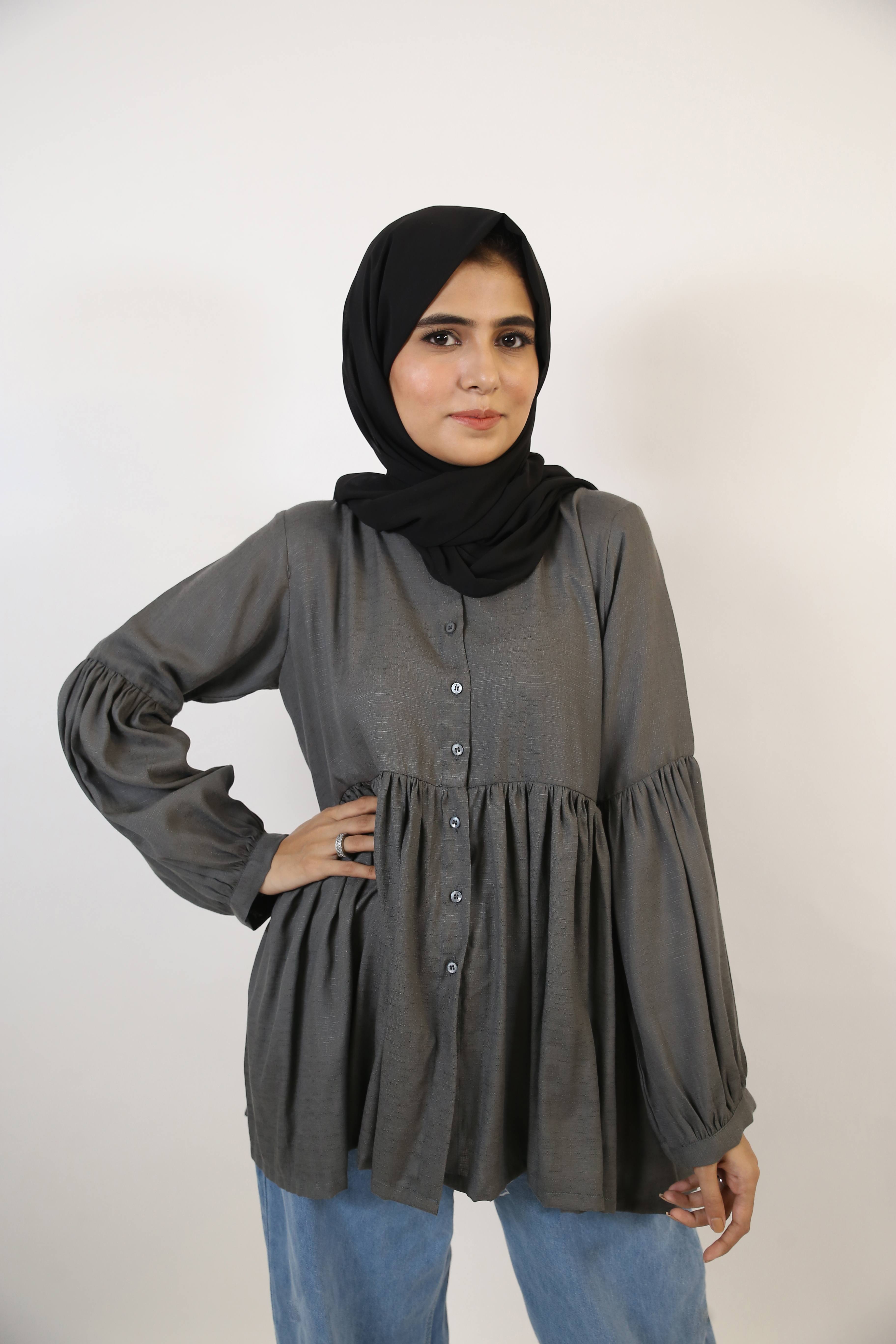 Ramadi- Dazzling Modest Pleated cotton shirt- Ash Gray