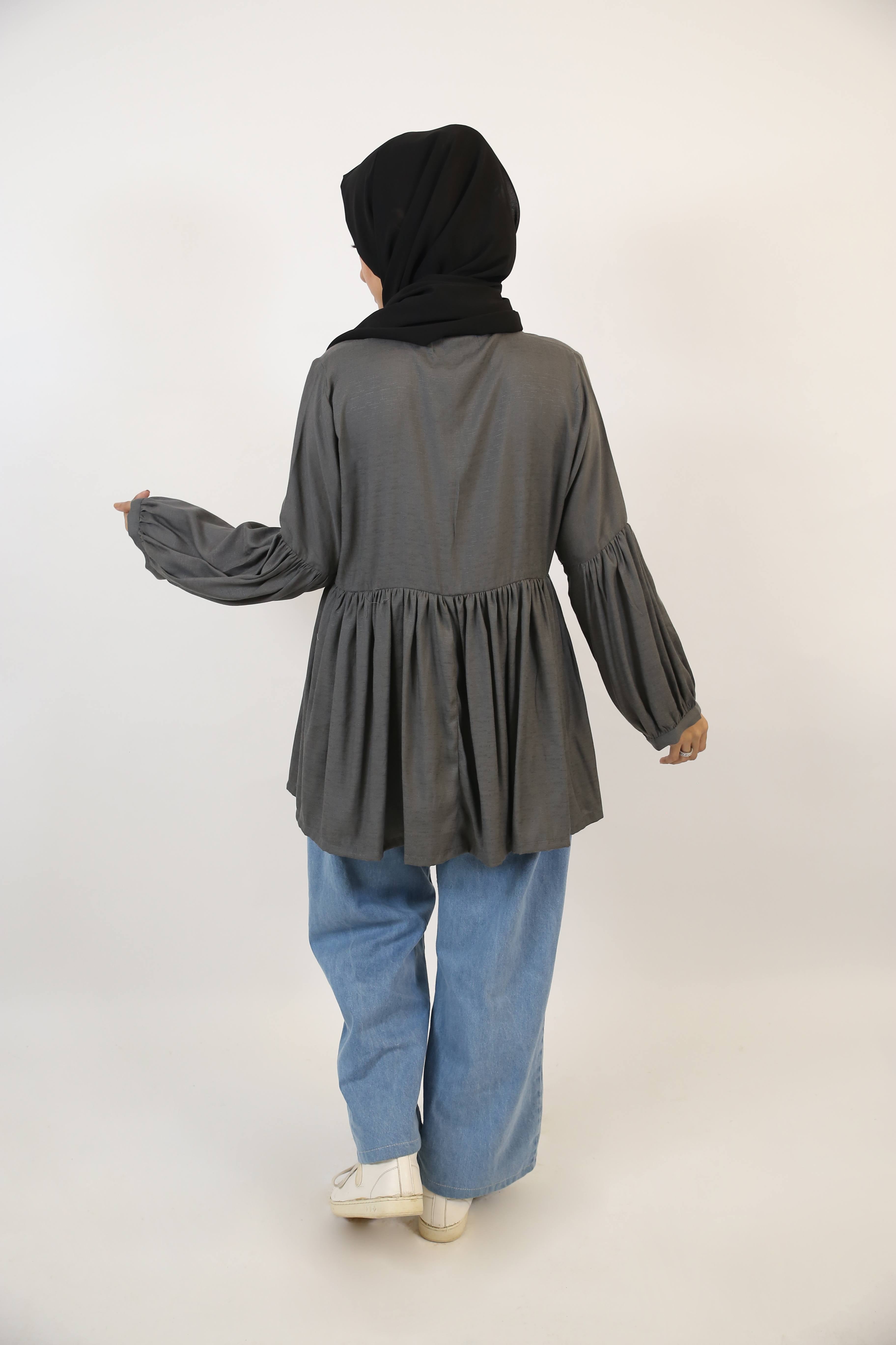 Ramadi- Dazzling Modest Pleated cotton shirt- Ash Gray