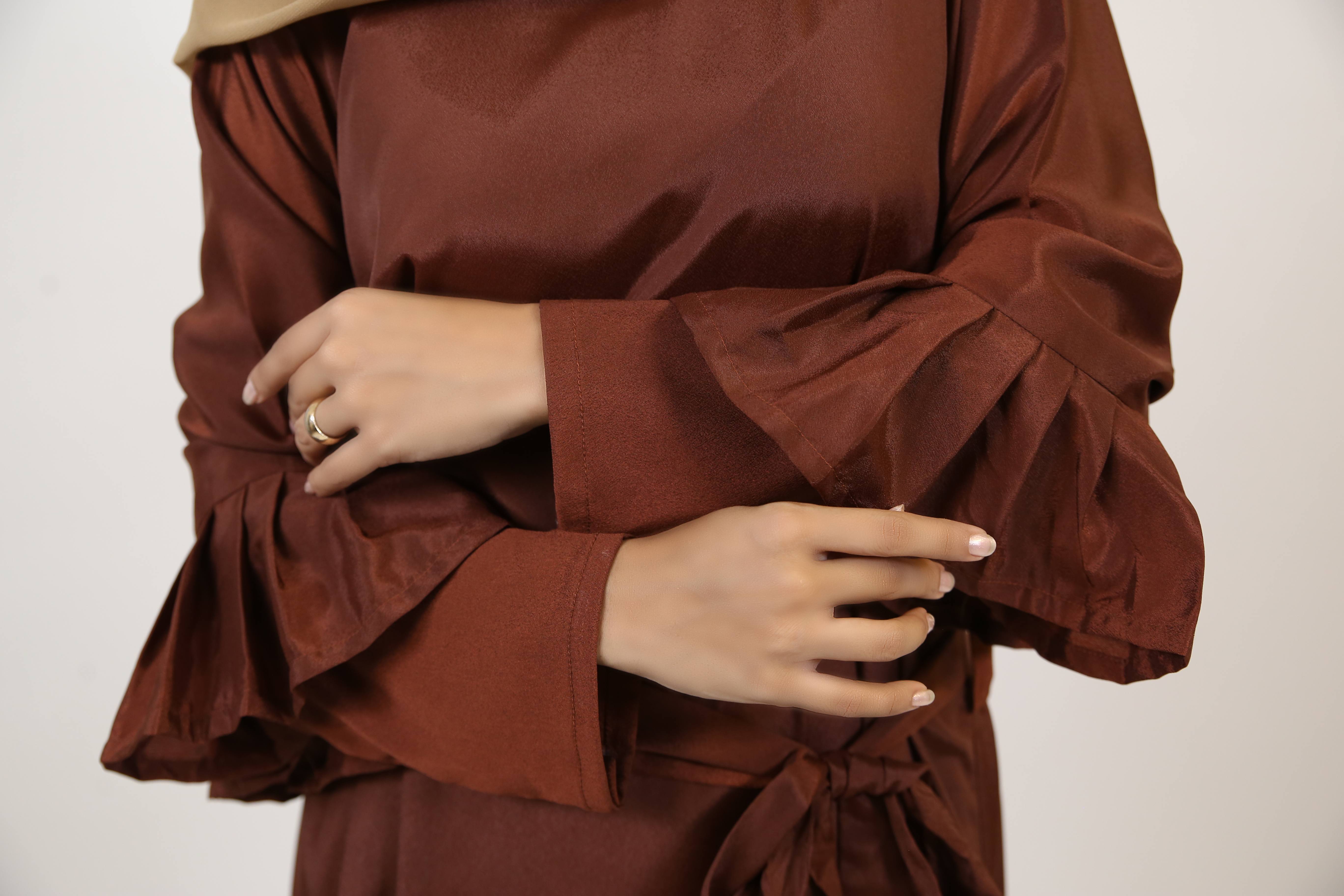 Baloot- Alluring no sheer maxi dress with ruffled hem and belt- Coffee brown