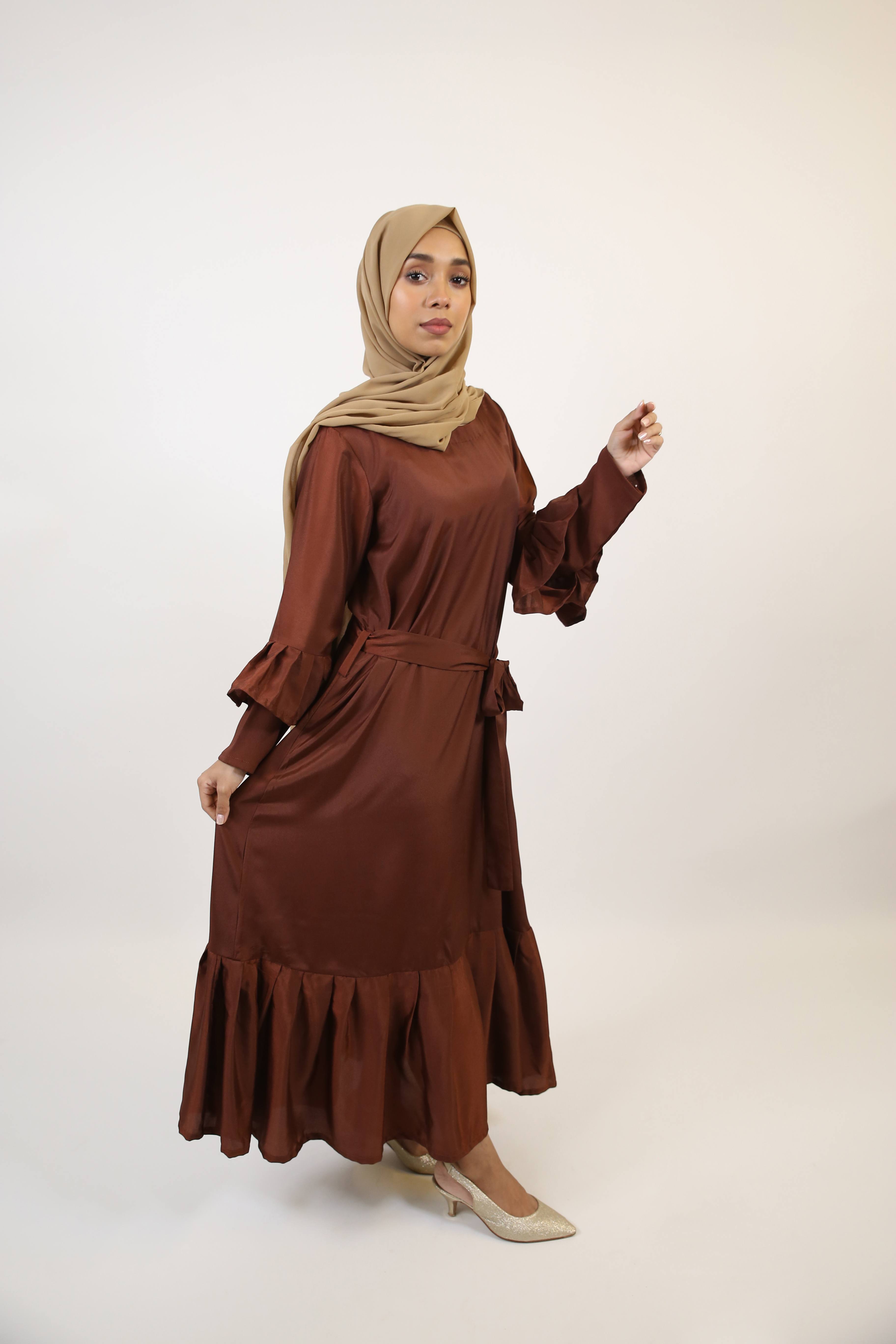 Baloot- Alluring no sheer maxi dress with ruffled hem and belt- Coffee brown