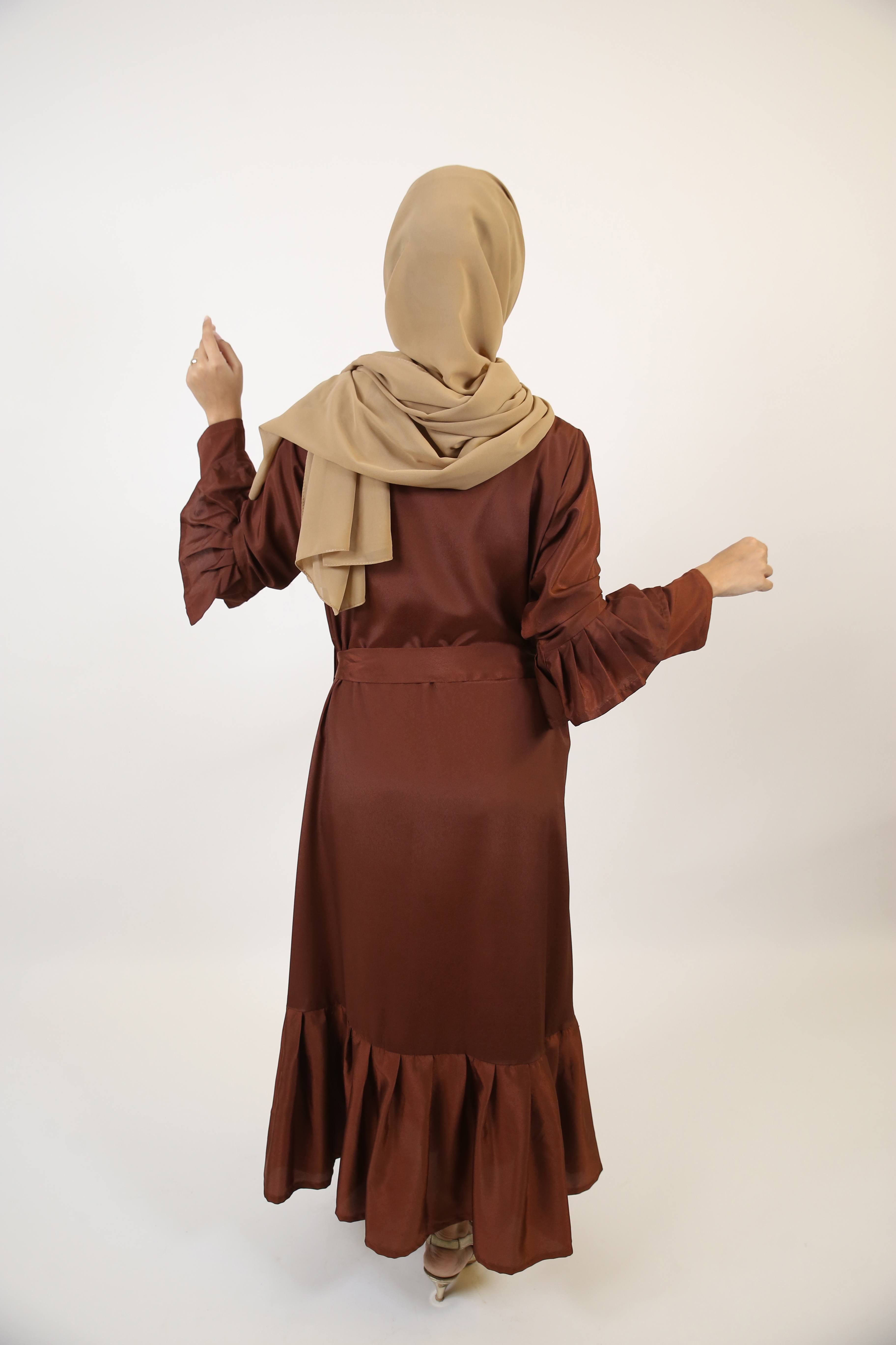 Baloot- Alluring no sheer maxi dress with ruffled hem and belt- Coffee brown