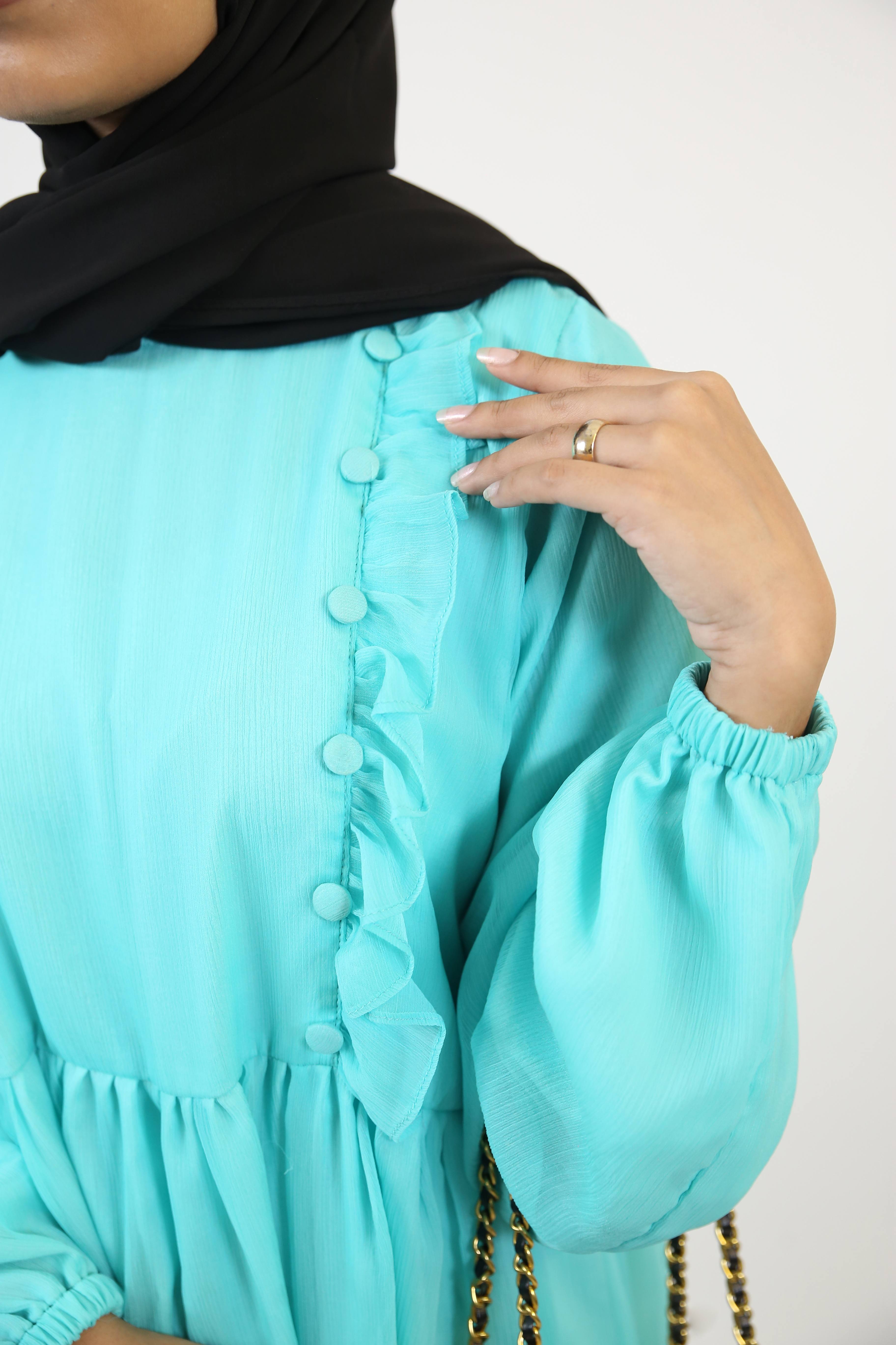 Feerozi- Alluring Chiffon fully lined maxi dress with ruffled front detailings- Turquoise blue