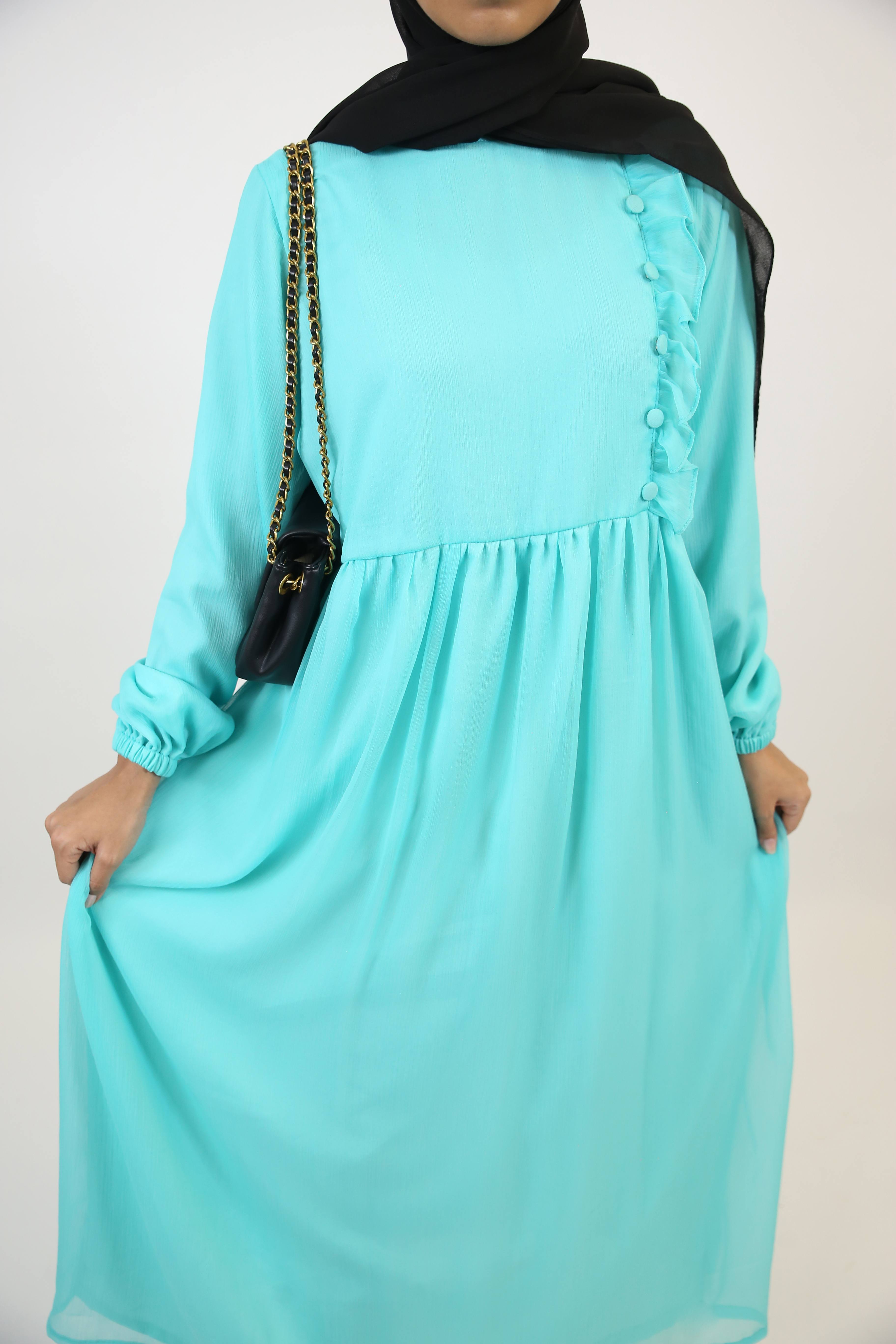 Feerozi- Alluring Chiffon fully lined maxi dress with ruffled front detailings- Turquoise blue
