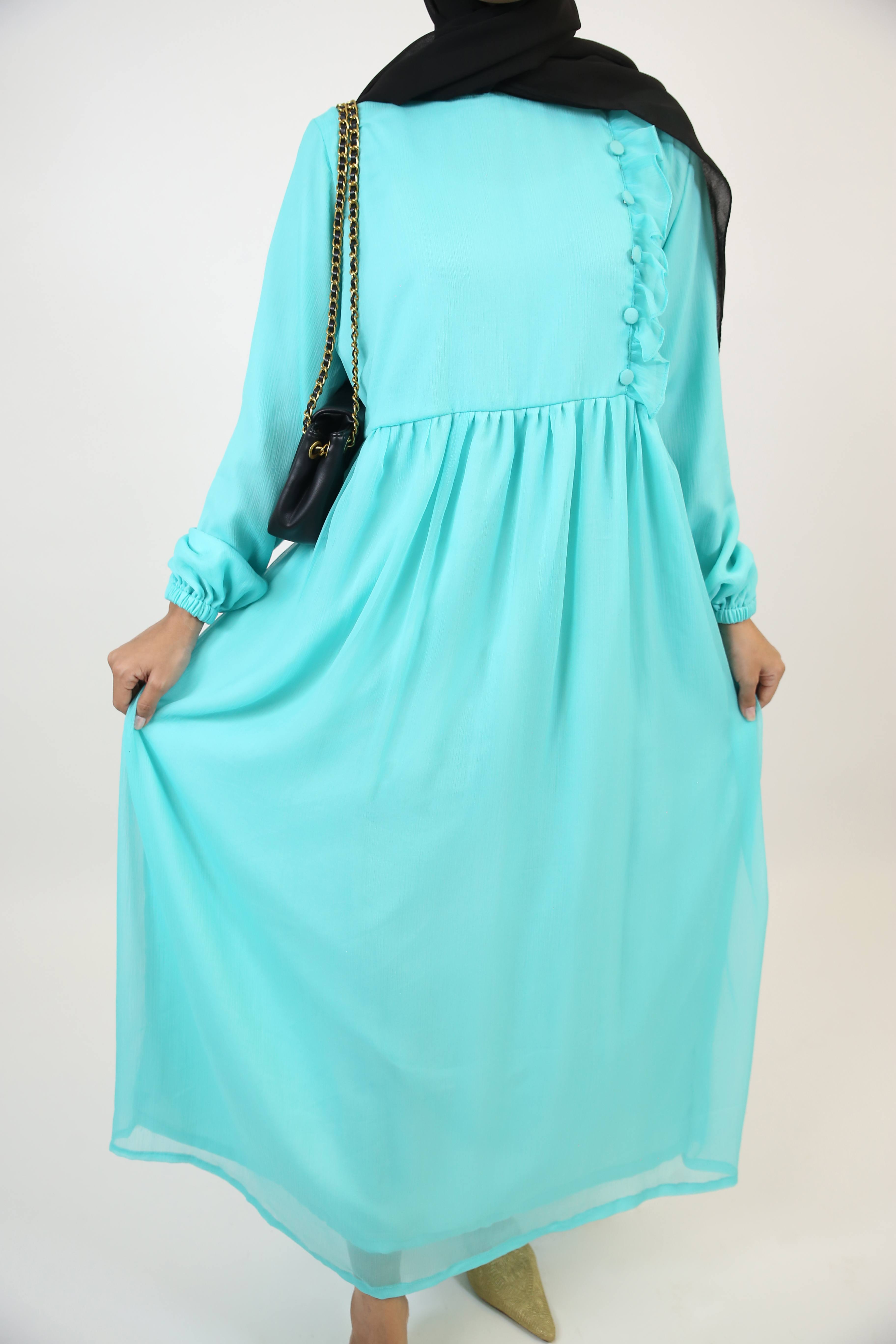 Feerozi- Alluring Chiffon fully lined maxi dress with ruffled front detailings- Turquoise blue