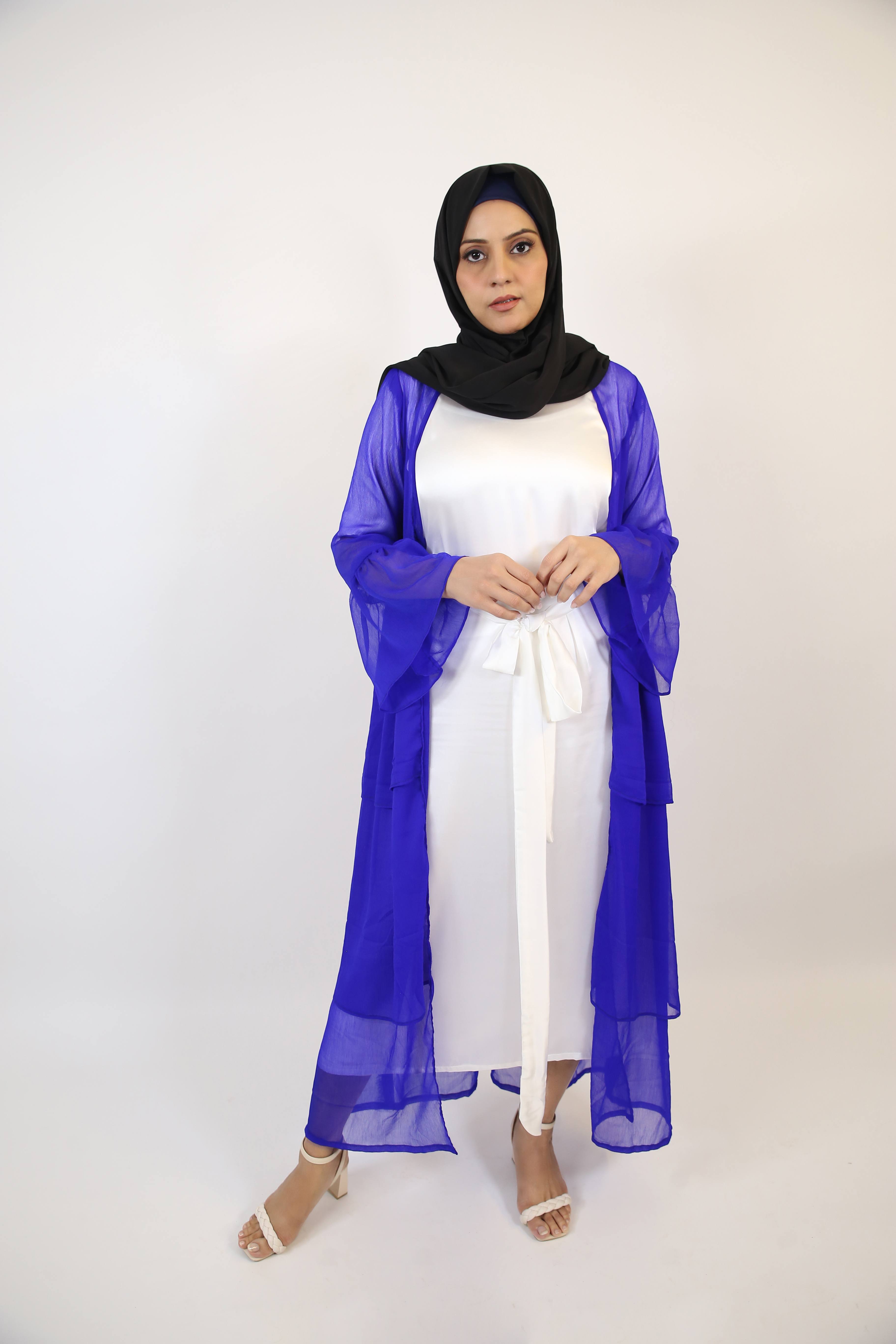 Malaki- Chic chiffon multi tiered throw over abaya with white inner slip dress- Royal blue