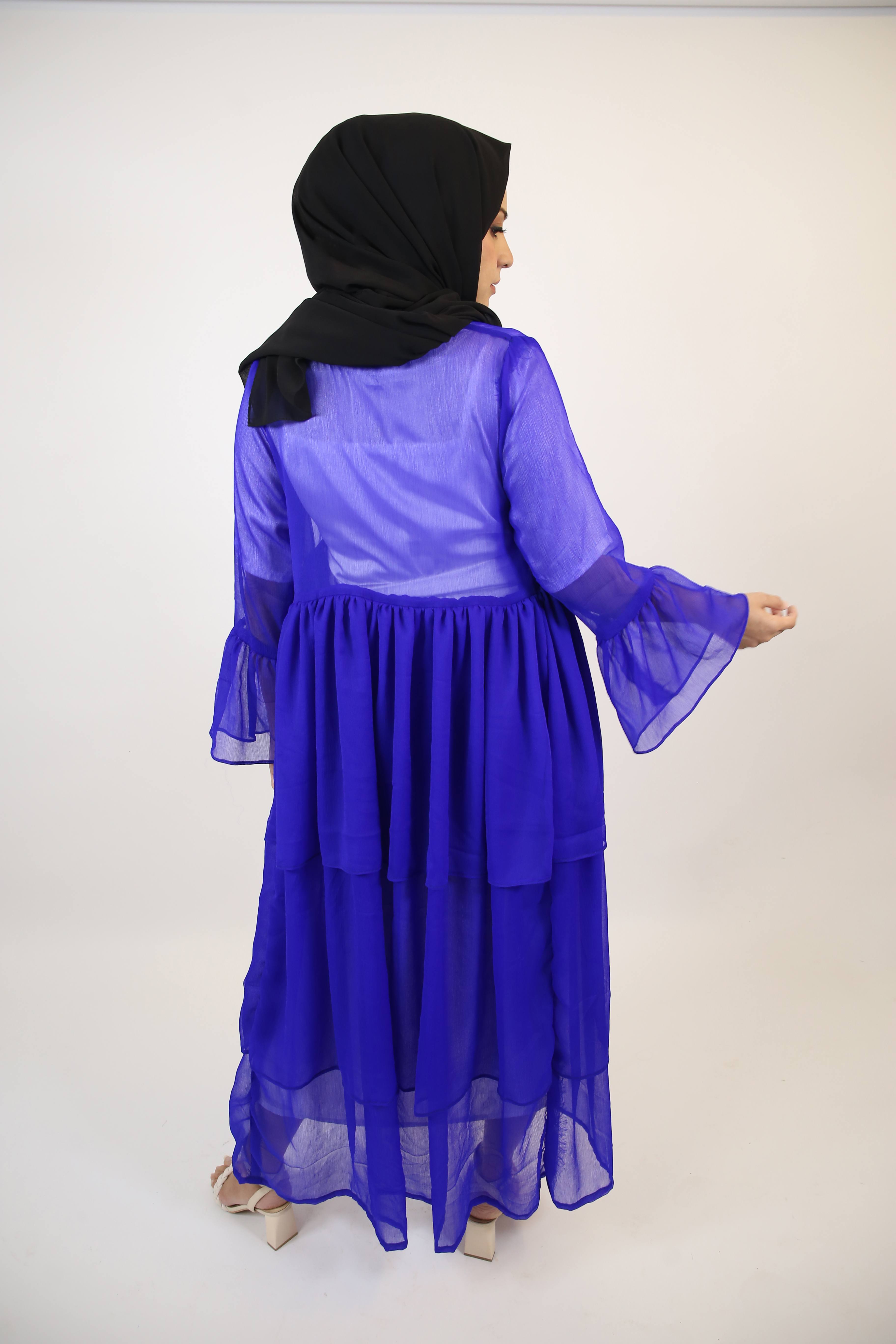 Malaki- Chic chiffon multi tiered throw over abaya with white inner slip dress- Royal blue