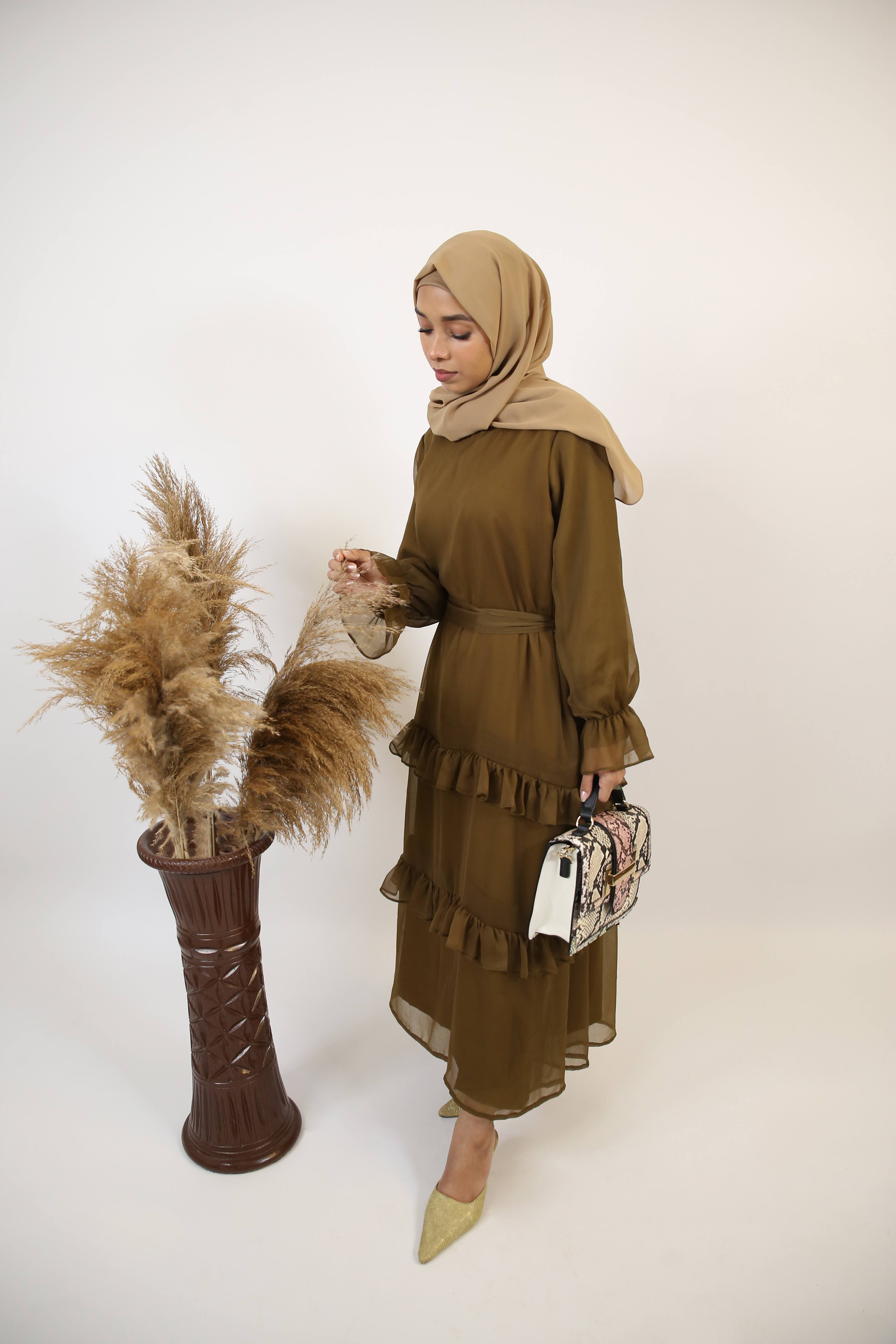 Mommy & Me ✨ Zaytoon- Radiant chiffon fully lined maxi dress with tiered ruffles- Olive Green