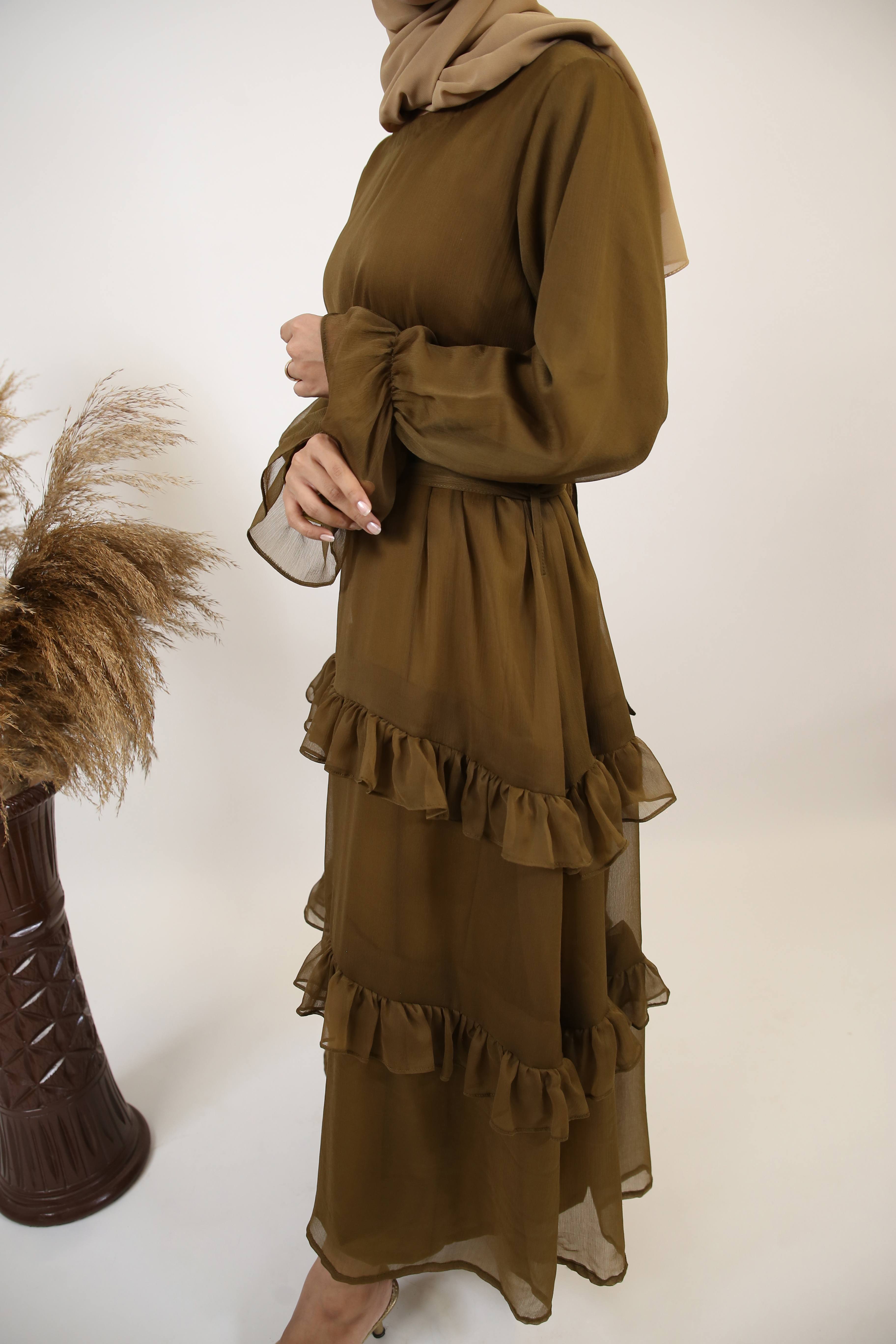 Zaytoon- Radiant chiffon fully lined maxi dress with tiered ruffles- Olive Green