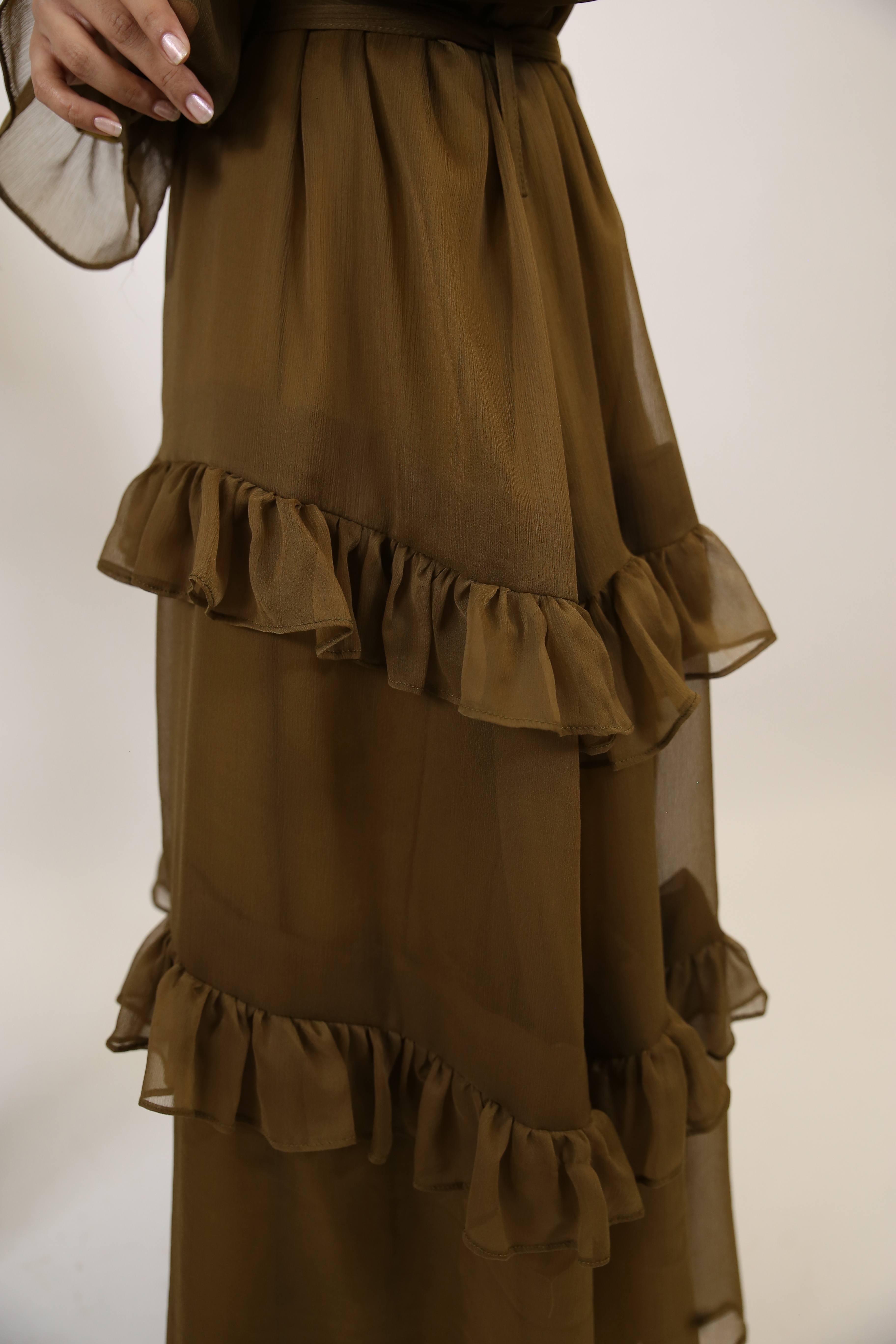 Zaytoon- Radiant chiffon fully lined maxi dress with tiered ruffles- Olive Green