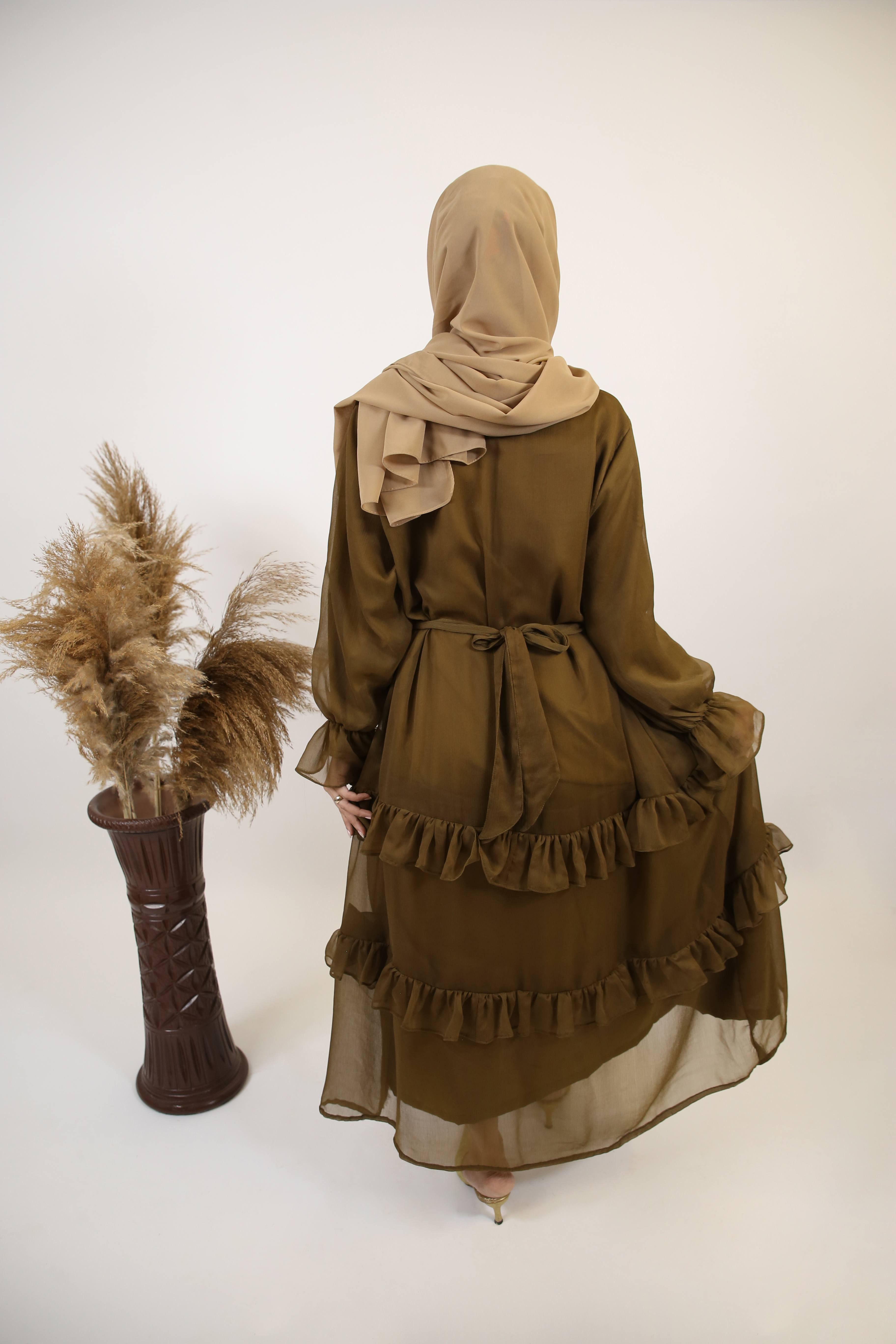 Mommy & Me ✨ Zaytoon- Radiant chiffon fully lined maxi dress with tiered ruffles- Olive Green
