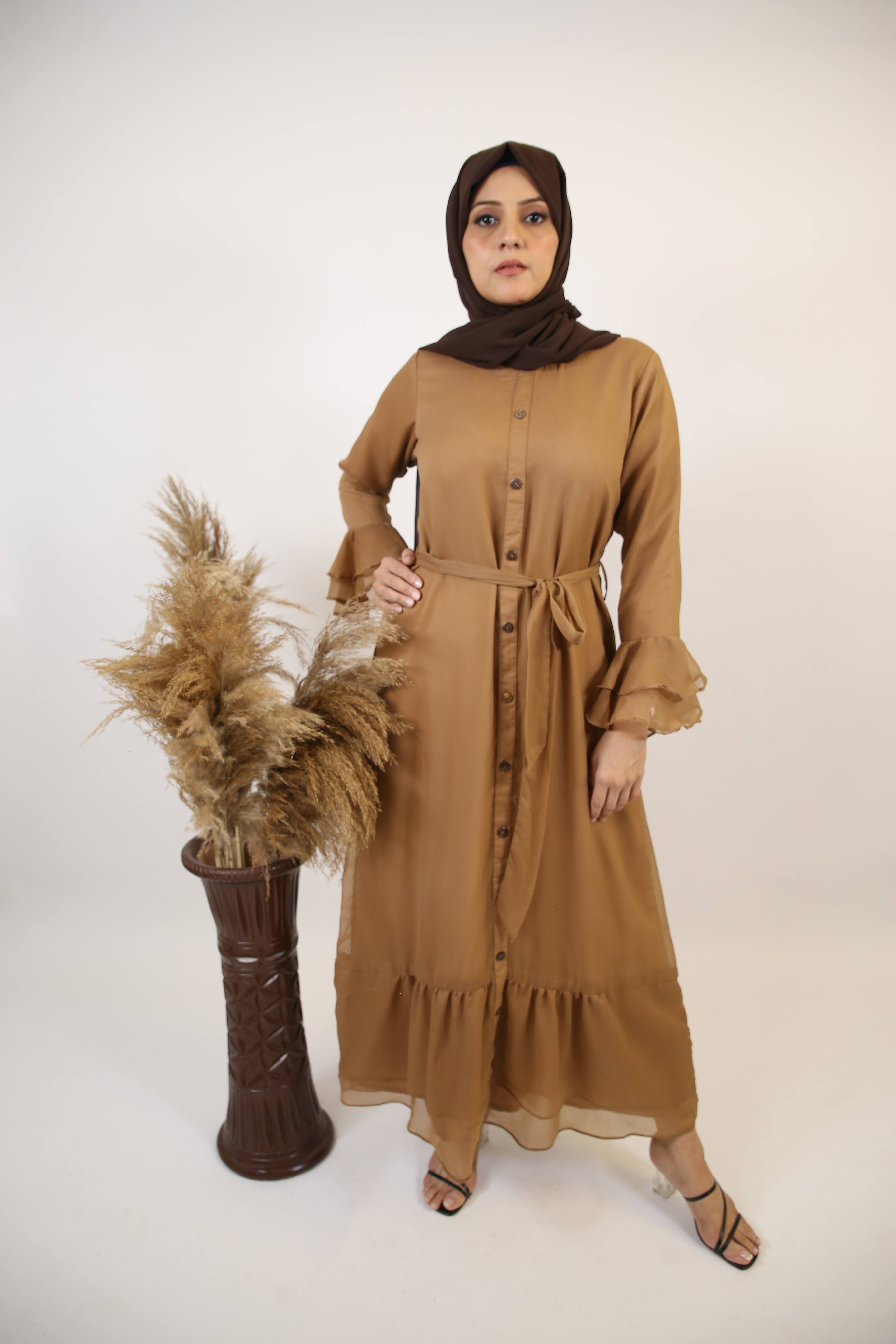 Turab- Exquisite Chiffon fully lined maxi dress with layered bell sleeves and ruffled hem- Nude brown