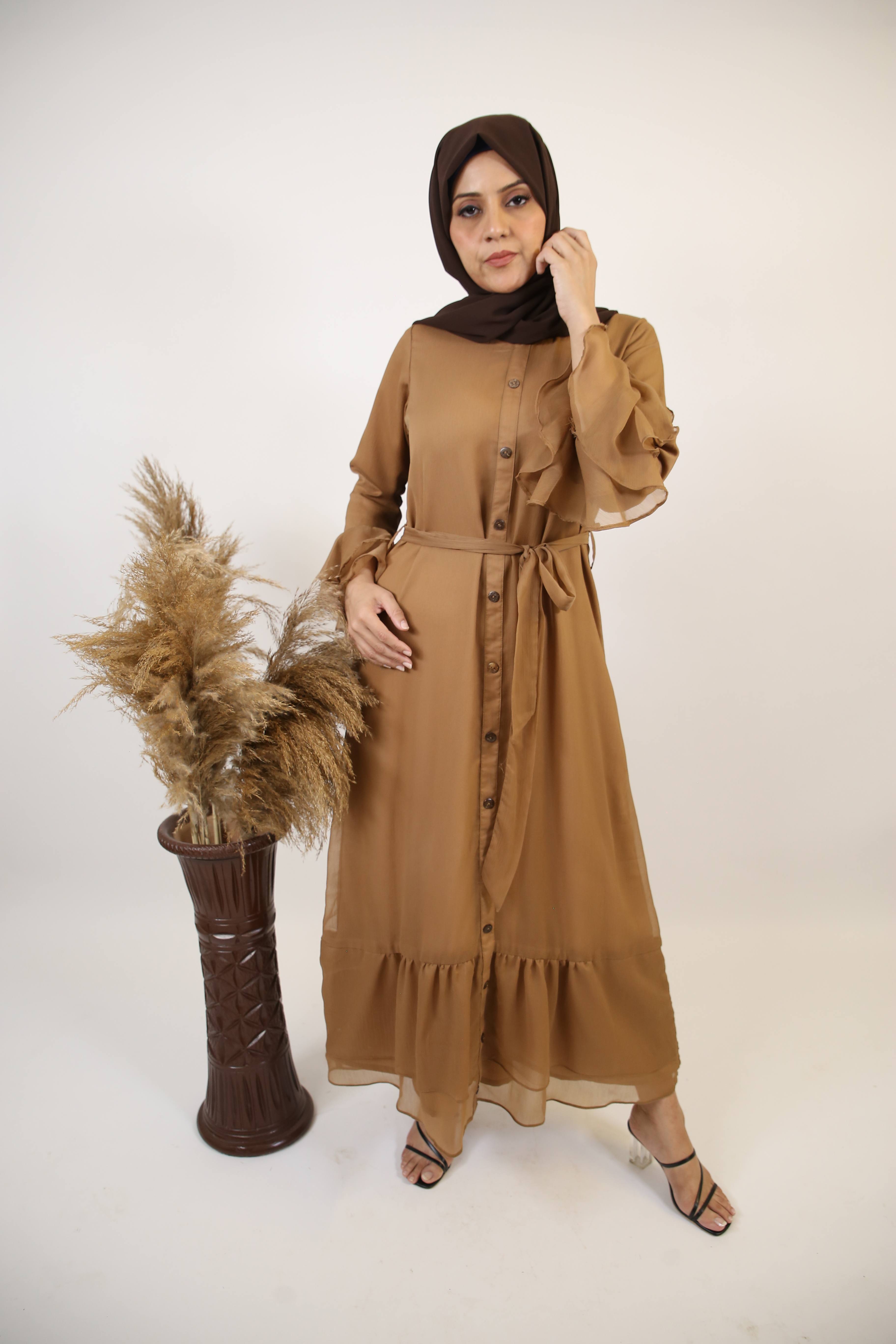 Turab- Exquisite Chiffon fully lined maxi dress with layered bell sleeves and ruffled hem- Nude brown