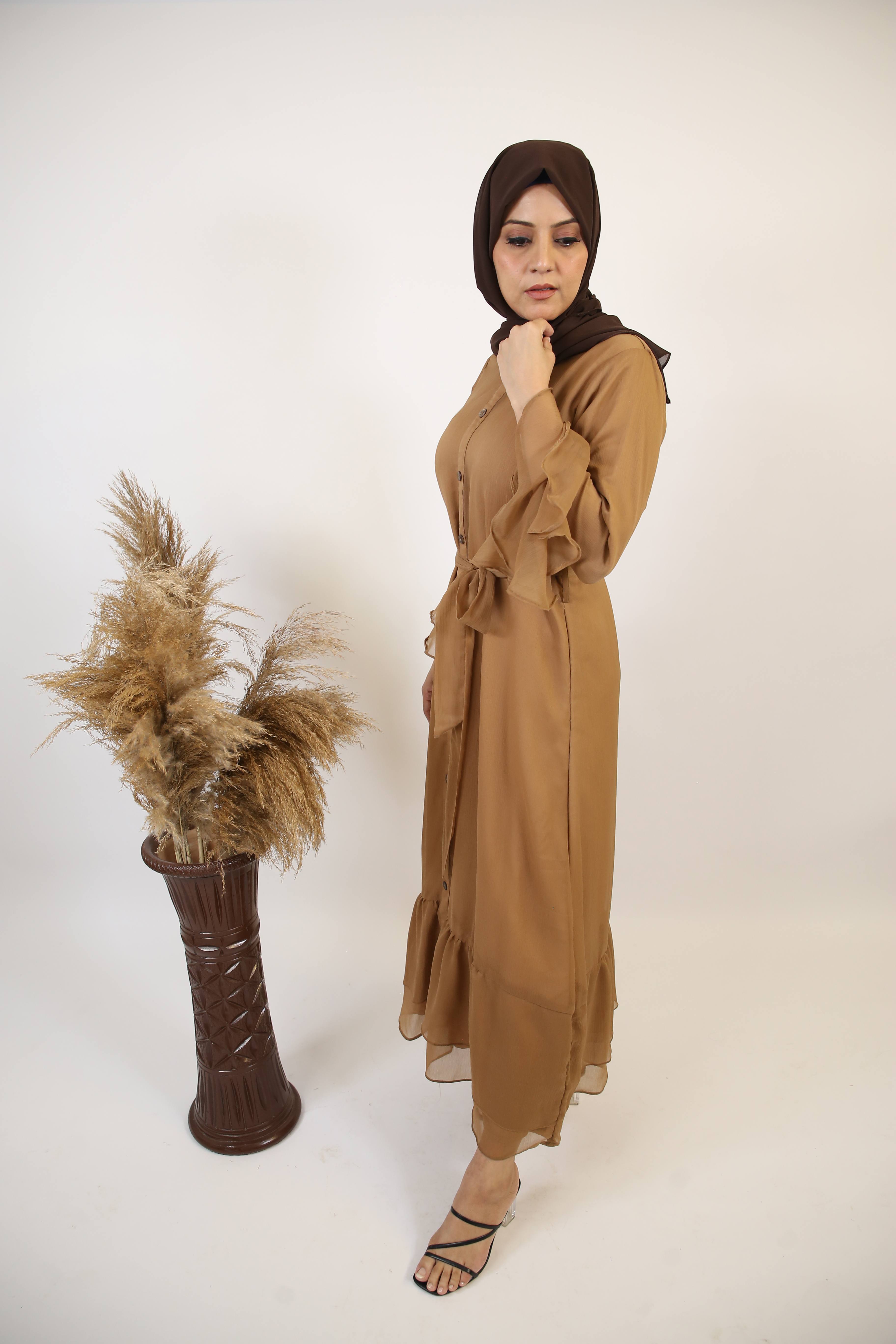 Turab- Exquisite Chiffon fully lined maxi dress with layered bell sleeves and ruffled hem- Nude brown