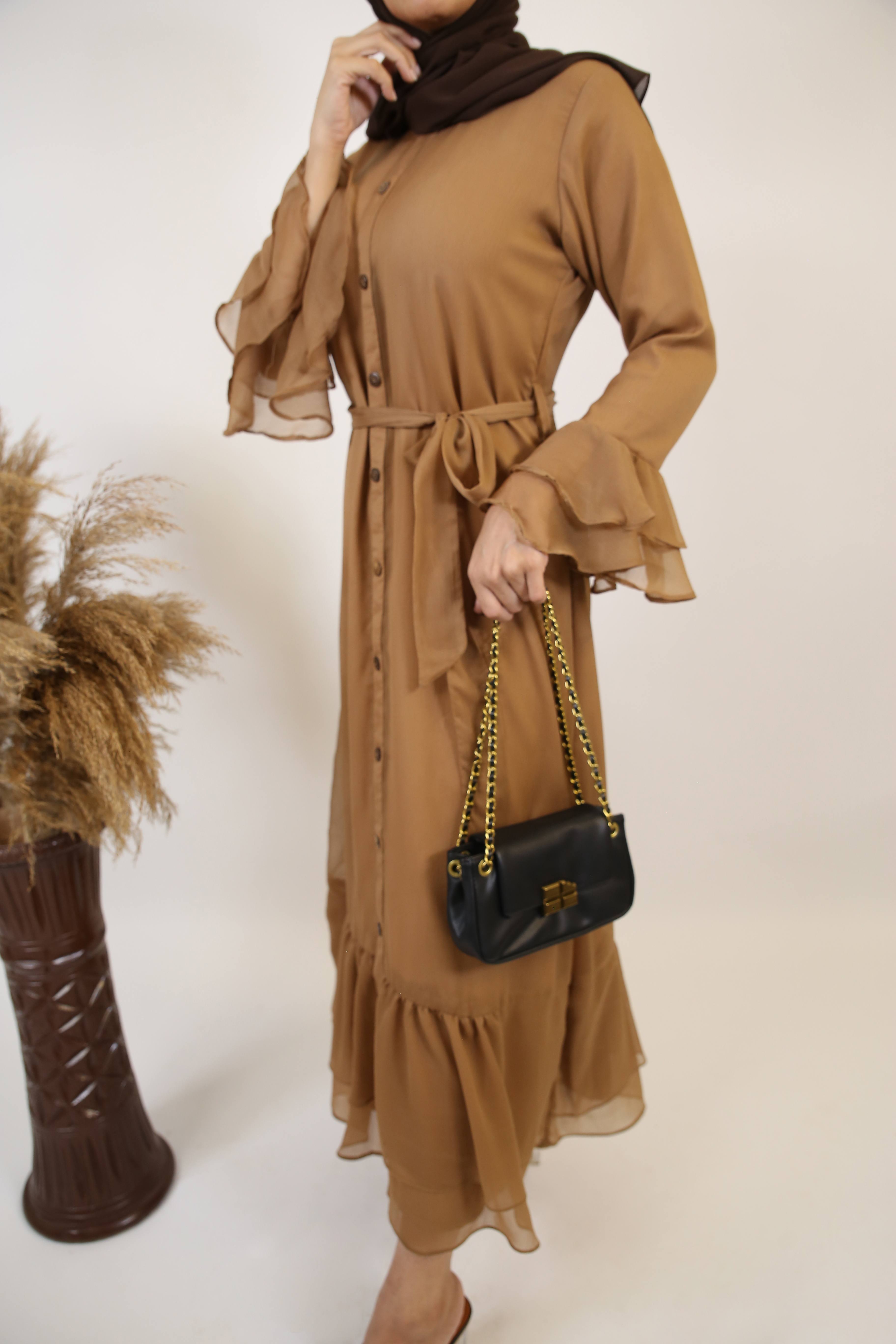 Turab- Exquisite Chiffon fully lined maxi dress with layered bell sleeves and ruffled hem- Nude brown