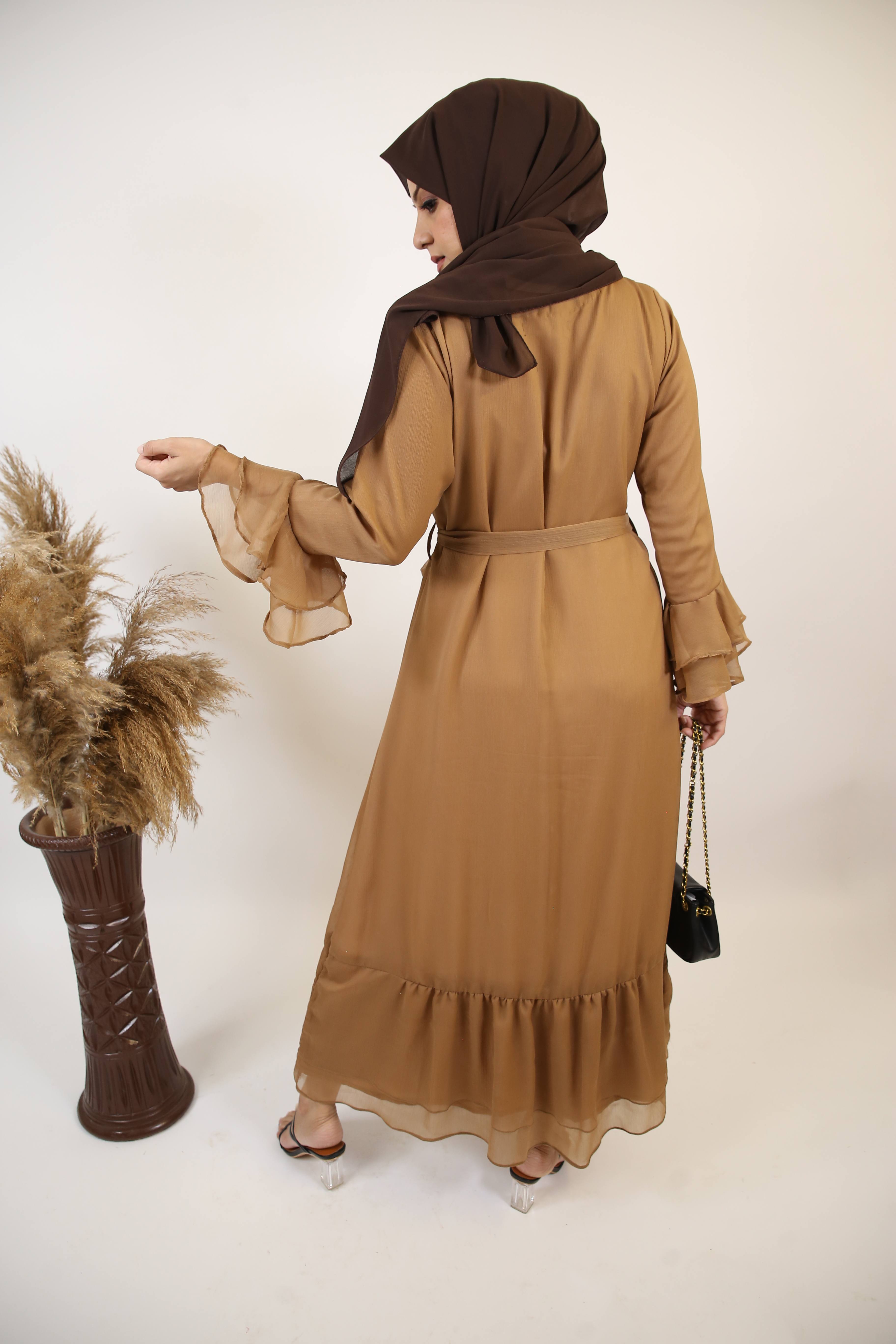 Turab- Exquisite Chiffon fully lined maxi dress with layered bell sleeves and ruffled hem- Nude brown