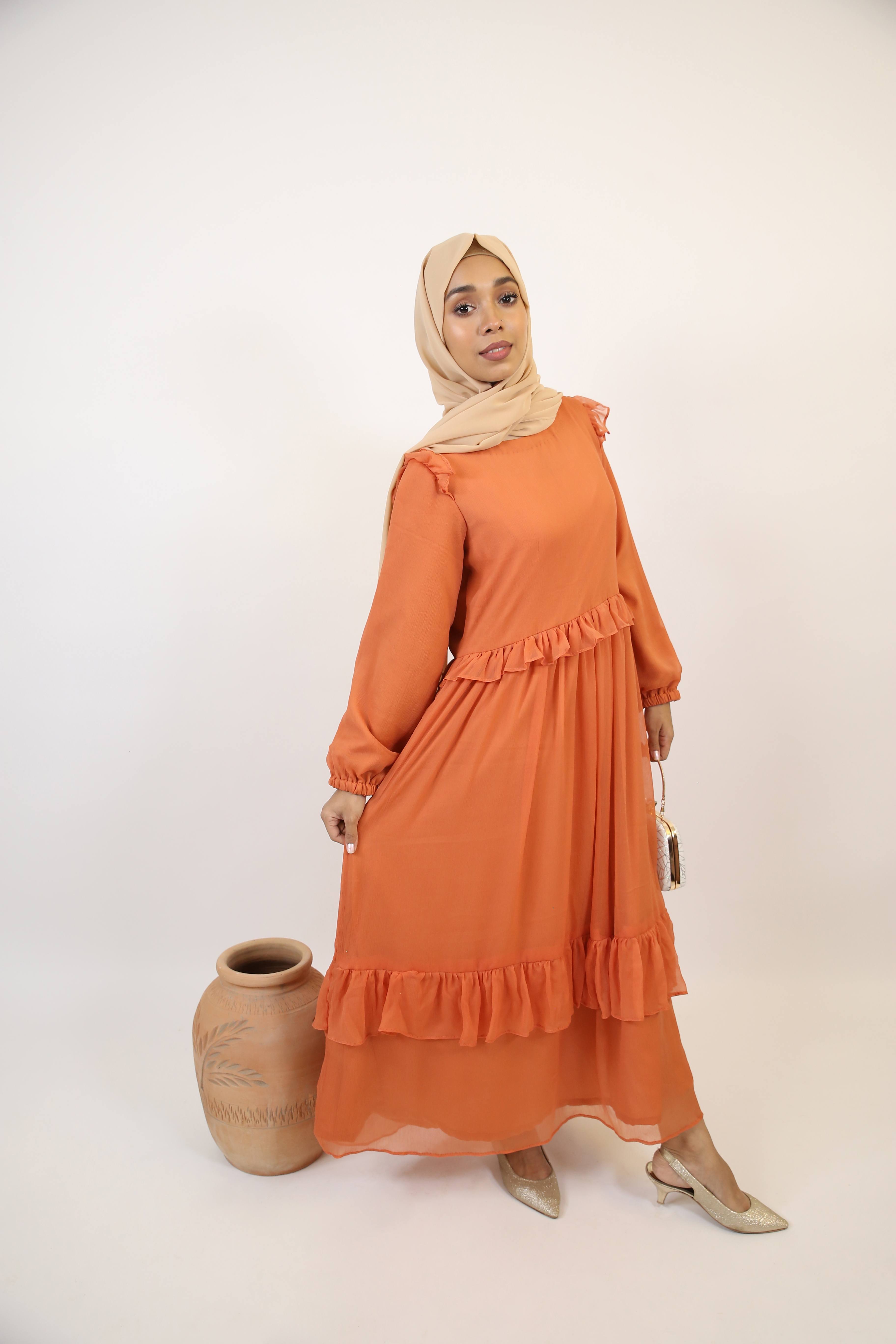 Khareef- Splendid Chiffon fully lined maxi dress with tiered ruffles- Pumpkin orange
