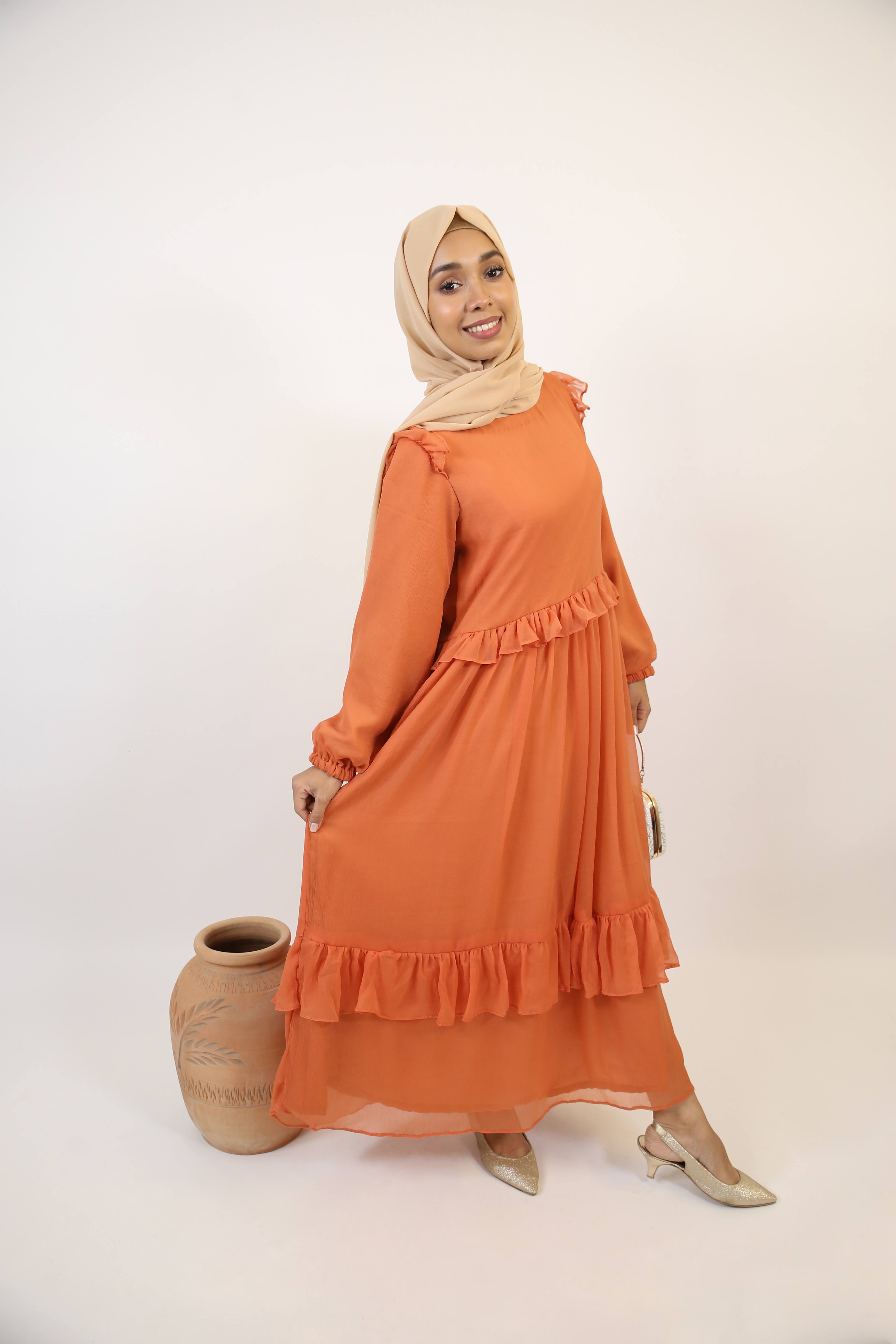 Khareef- Splendid Chiffon fully lined maxi dress with tiered ruffles- Pumpkin orange