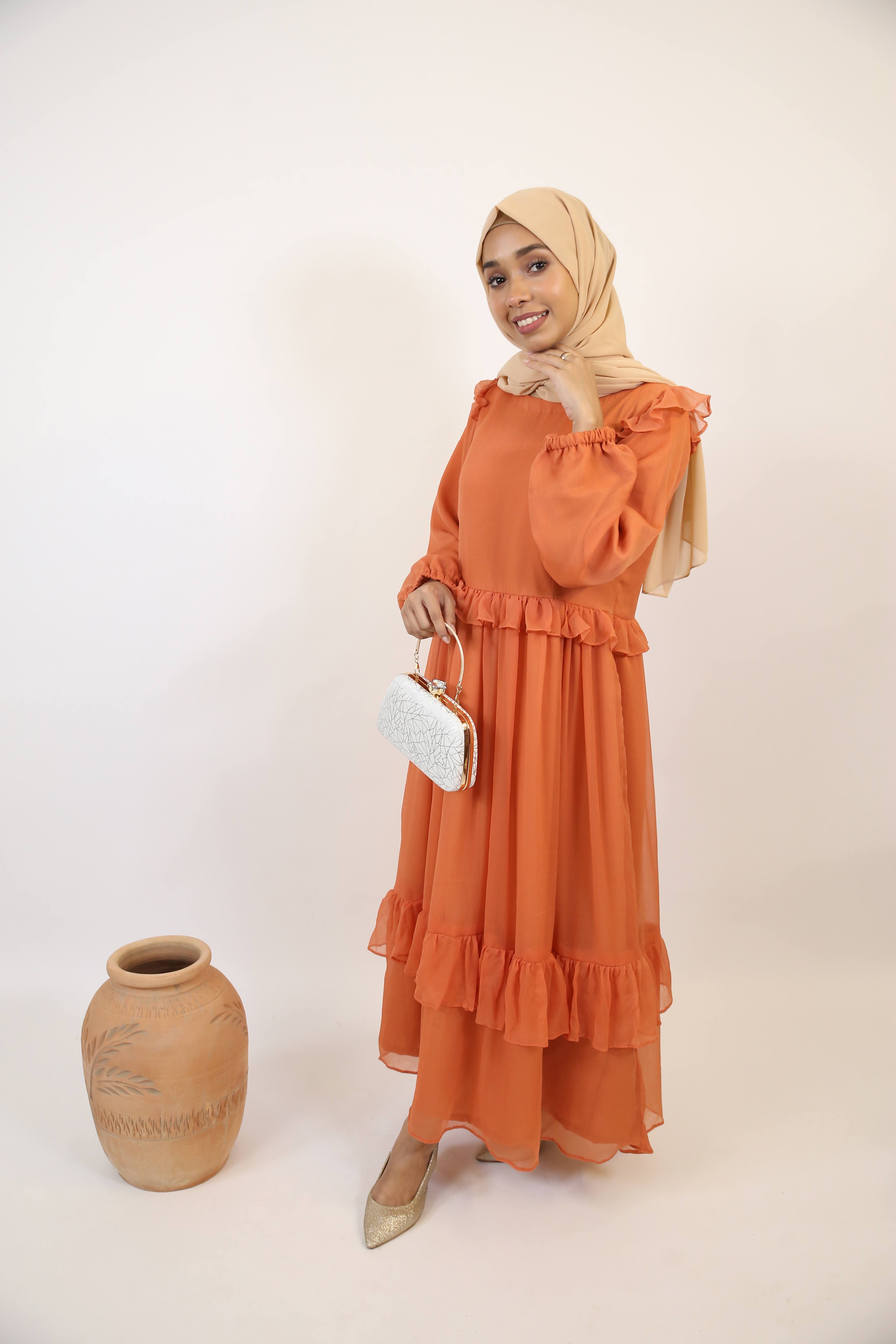 Khareef- Splendid Chiffon fully lined maxi dress with tiered ruffles- Pumpkin orange