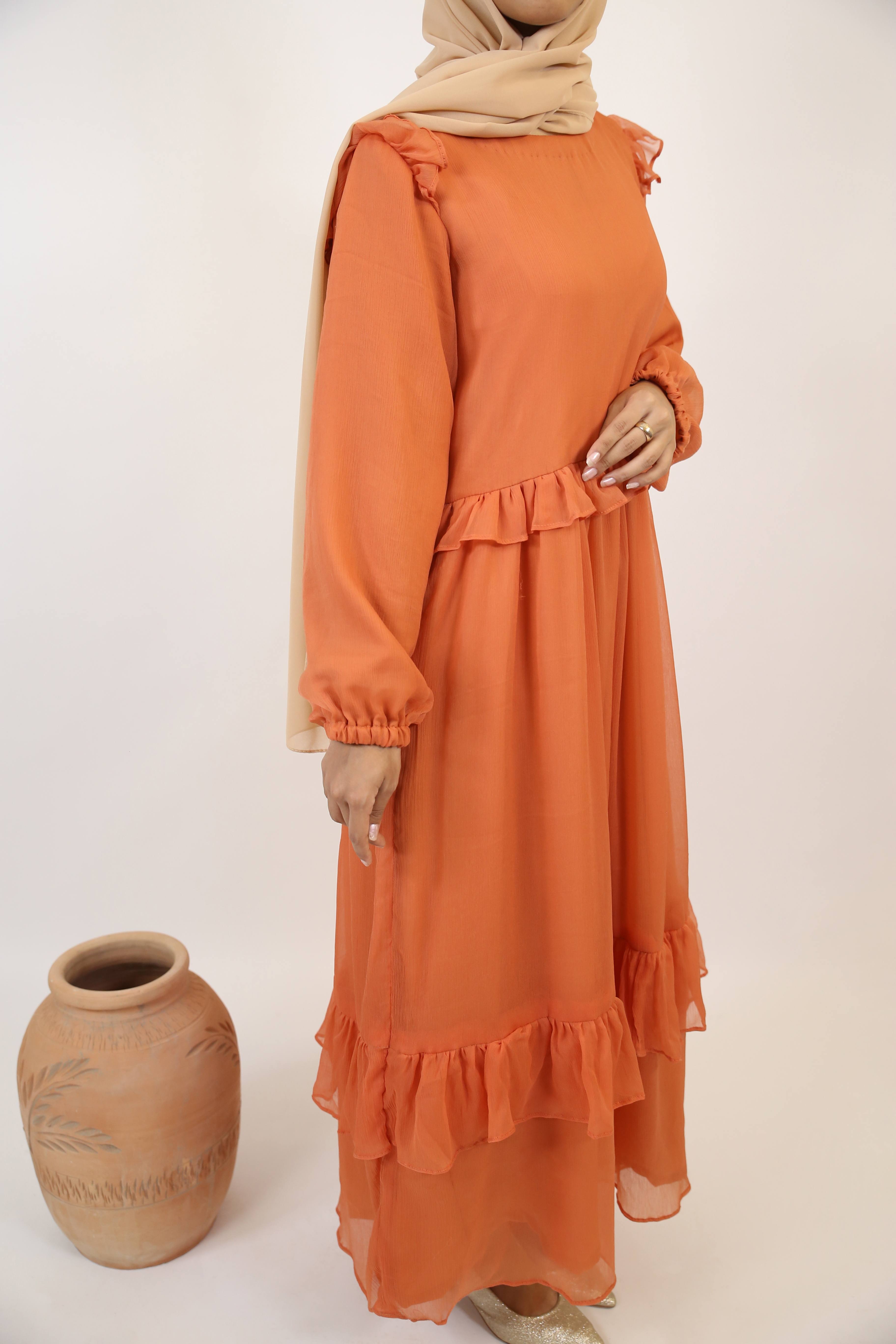 Khareef- Splendid Chiffon fully lined maxi dress with tiered ruffles- Pumpkin orange
